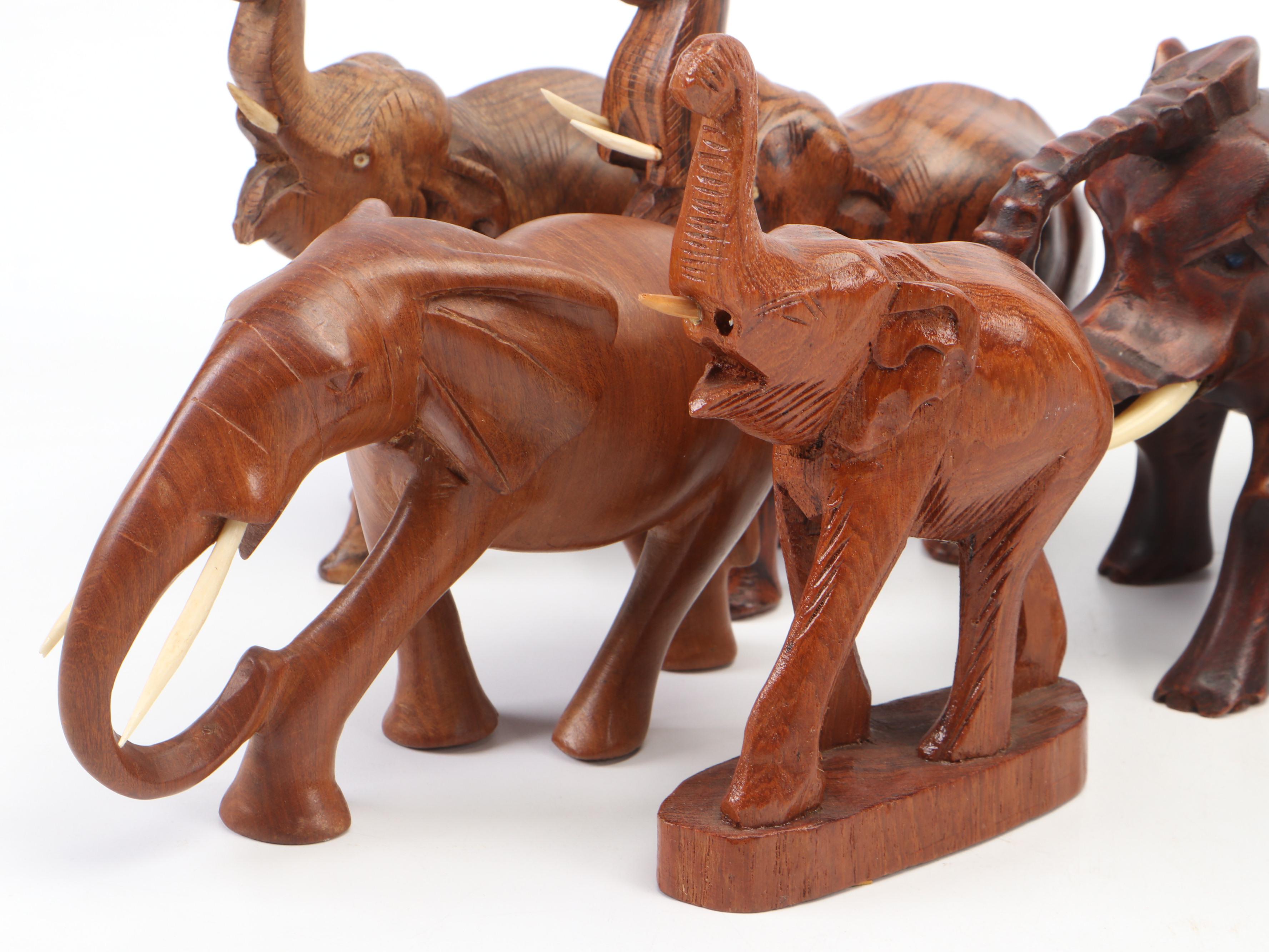 Celluloid Elephants in Wood Crate Diorama and More Carved Wood Elephant Décor