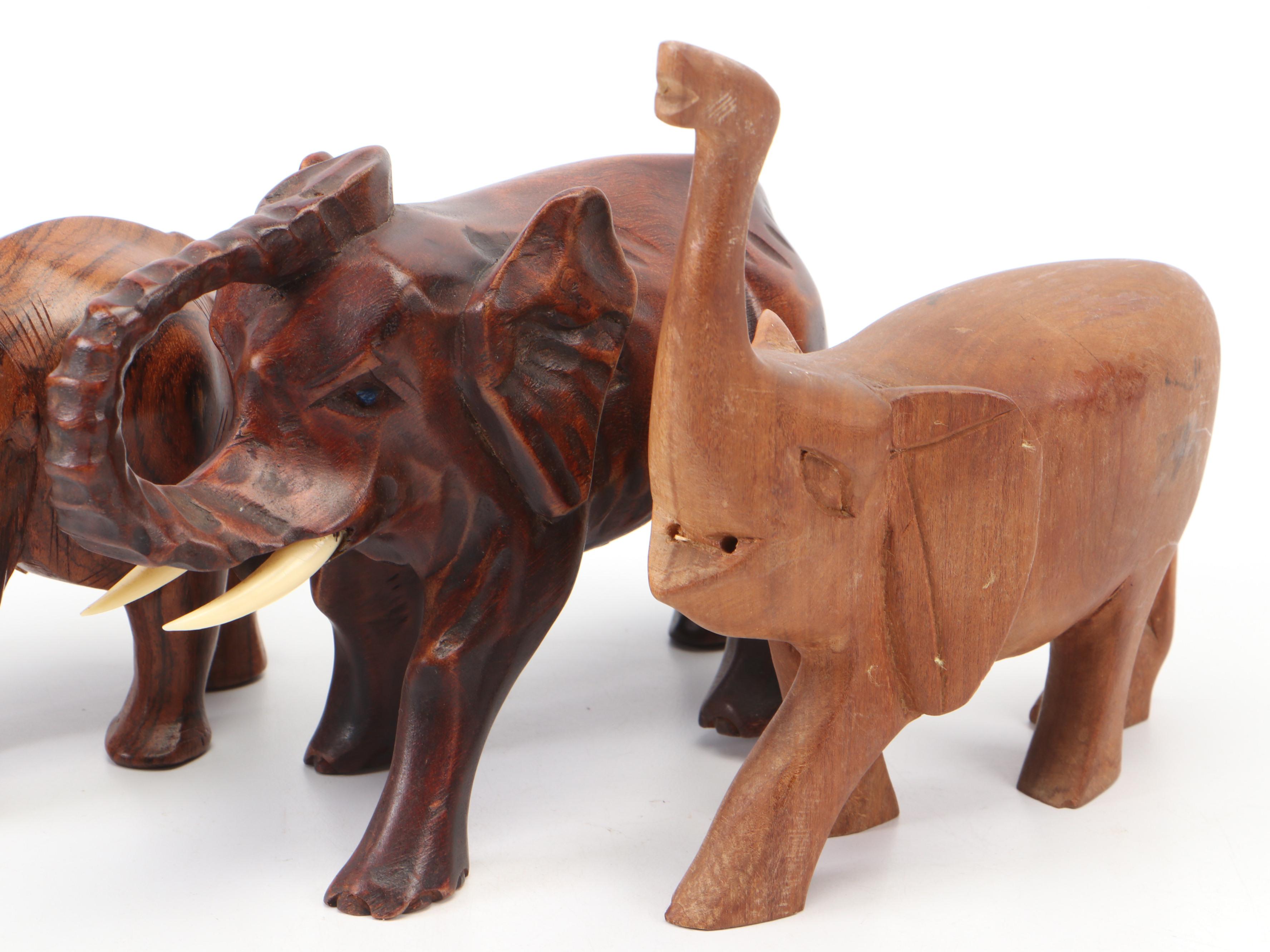 Celluloid Elephants in Wood Crate Diorama and More Carved Wood Elephant Décor