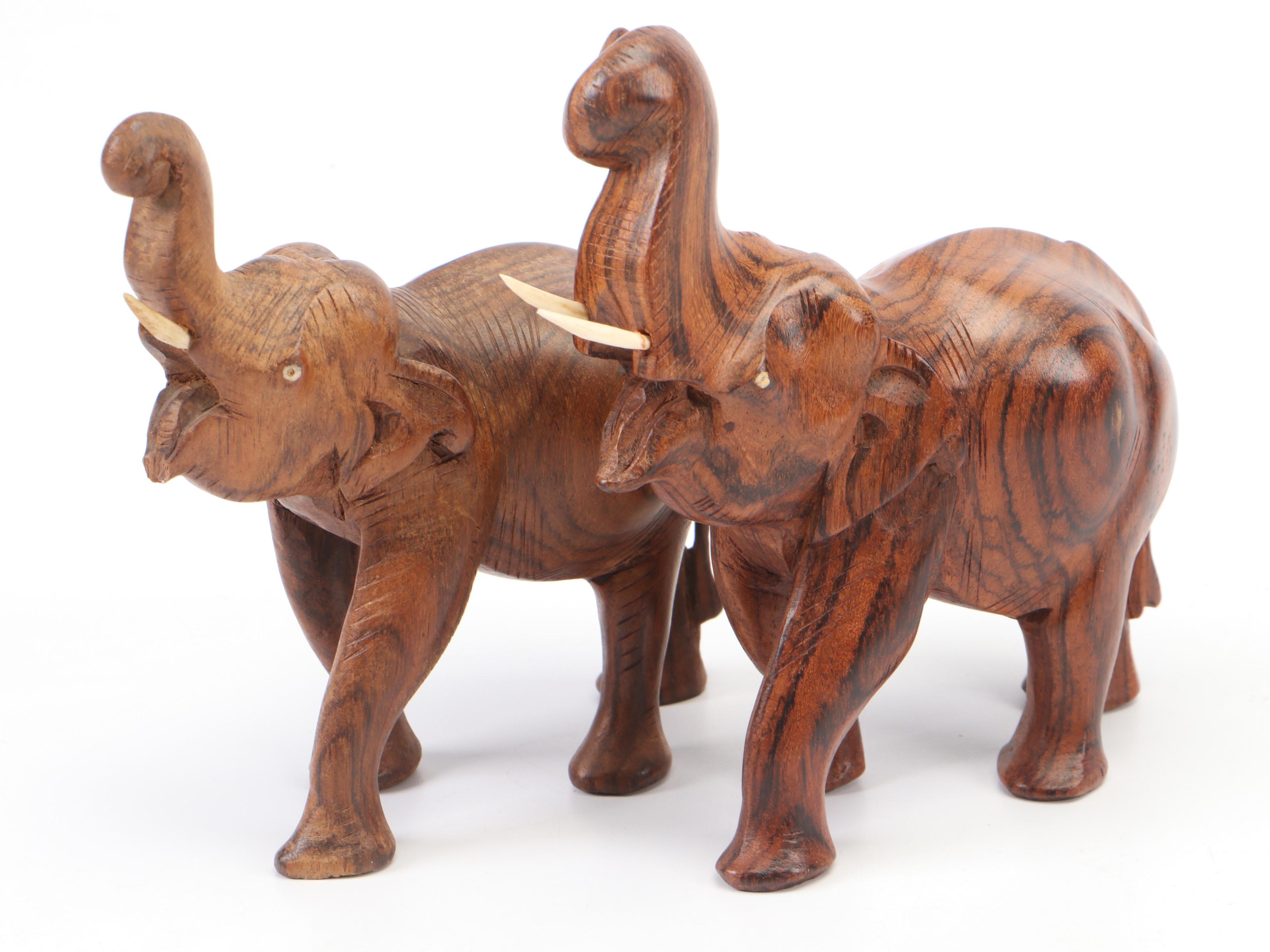 Celluloid Elephants in Wood Crate Diorama and More Carved Wood Elephant Décor