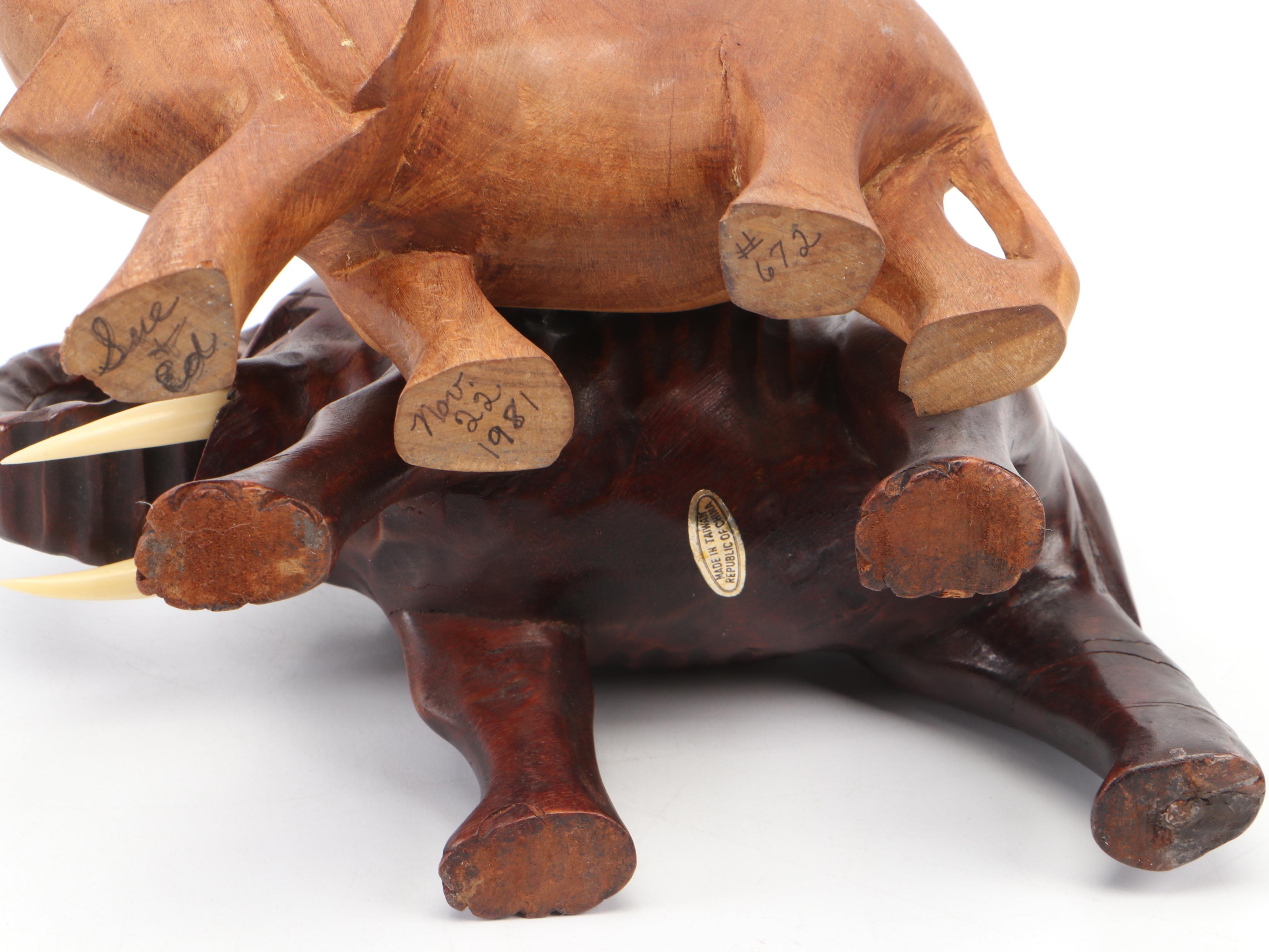 Celluloid Elephants in Wood Crate Diorama and More Carved Wood Elephant Décor