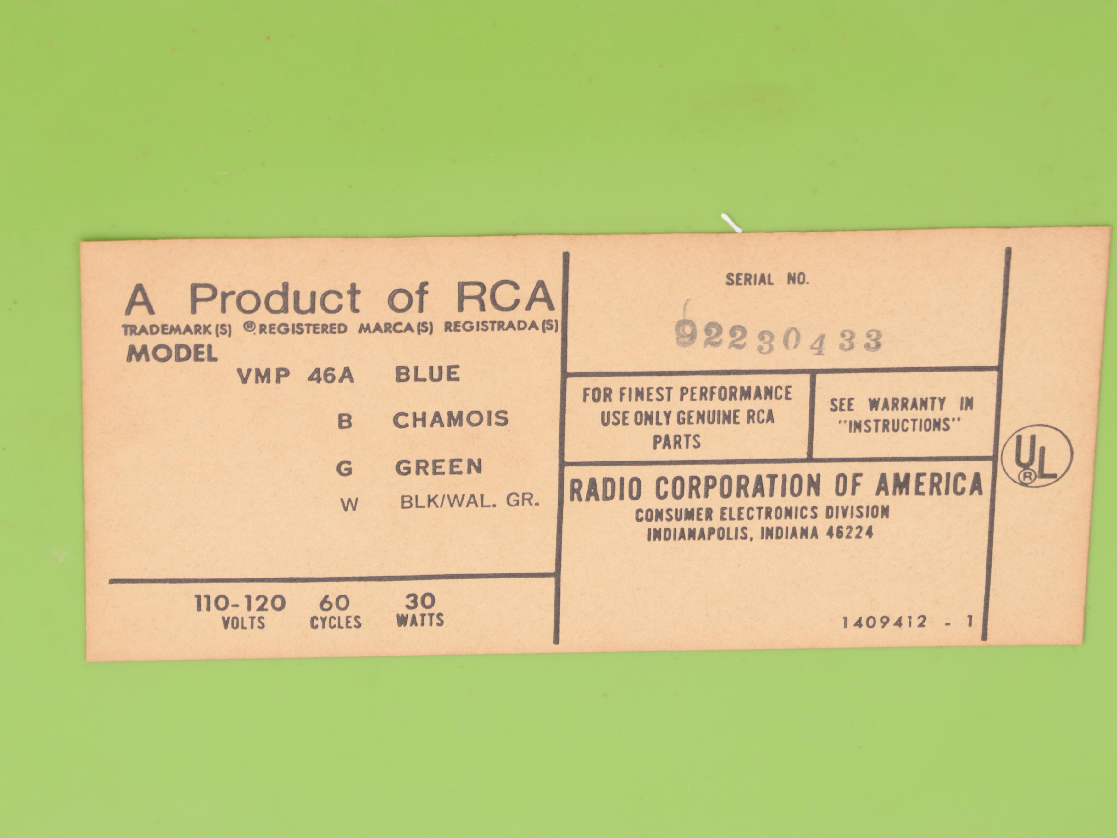 RCA VMP 46G Portable Record Player, Mid to Late 20th Century