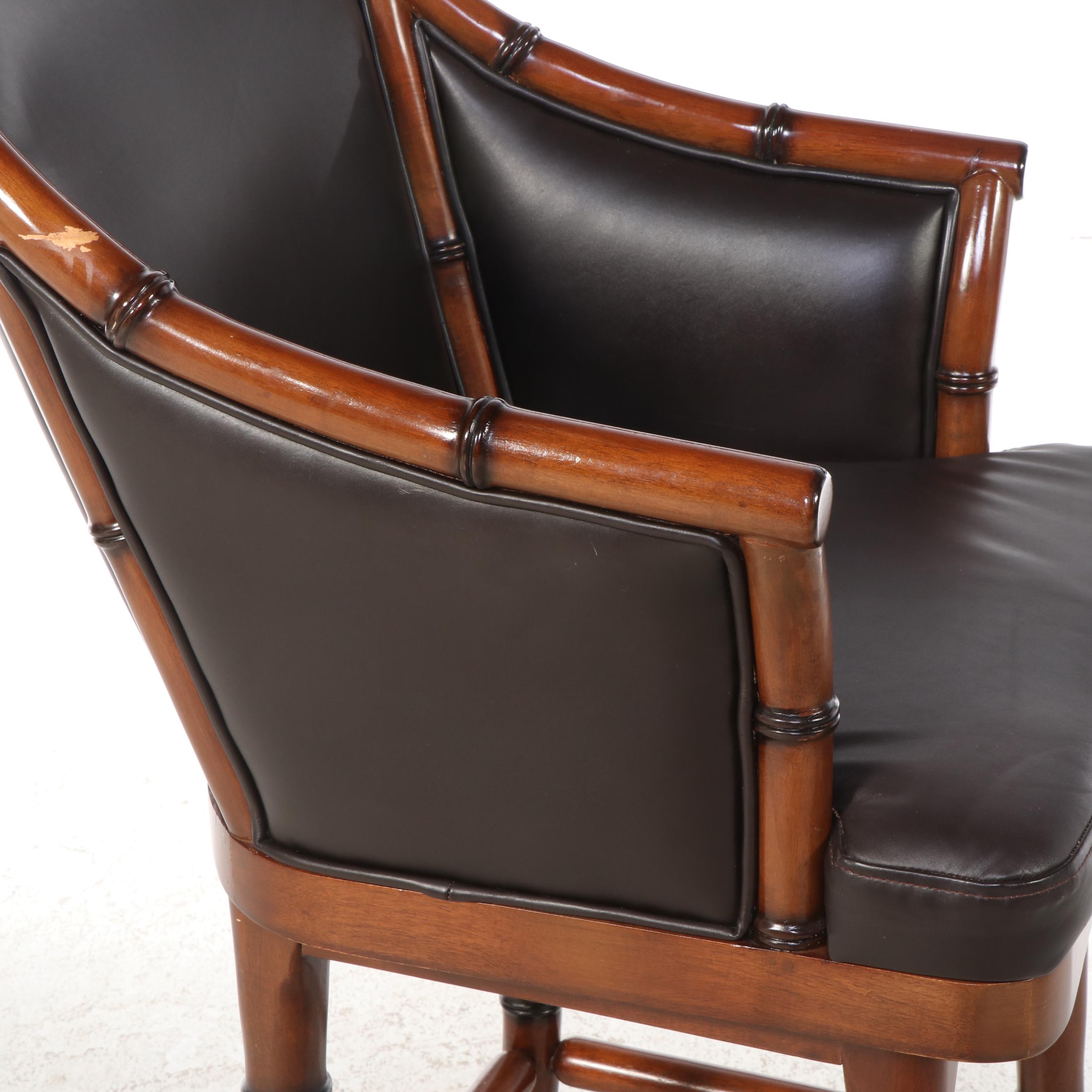 Three Frontgate Faux-Bamboo and Leather Swivel Bar Stools