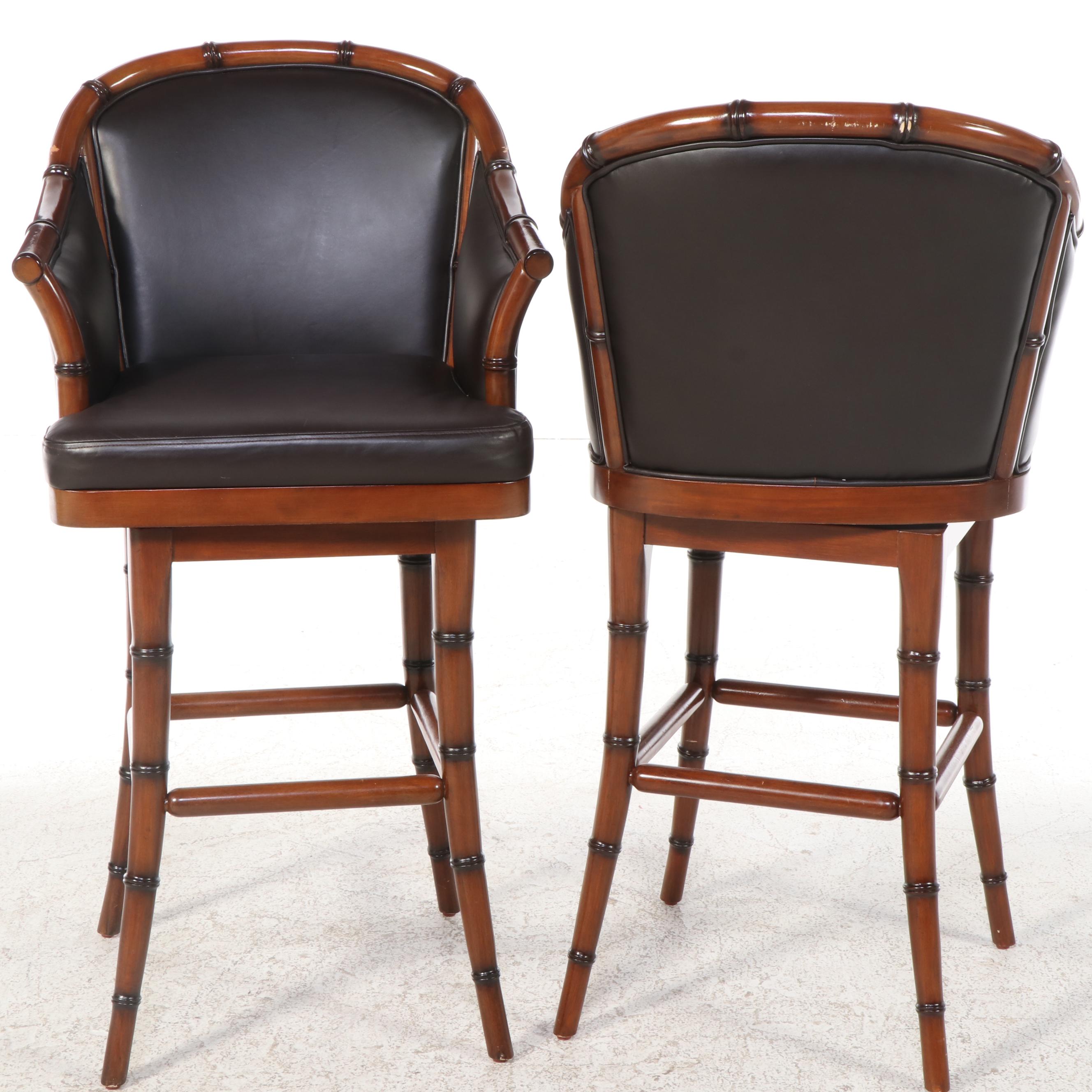 Three Frontgate Faux-Bamboo and Leather Swivel Bar Stools