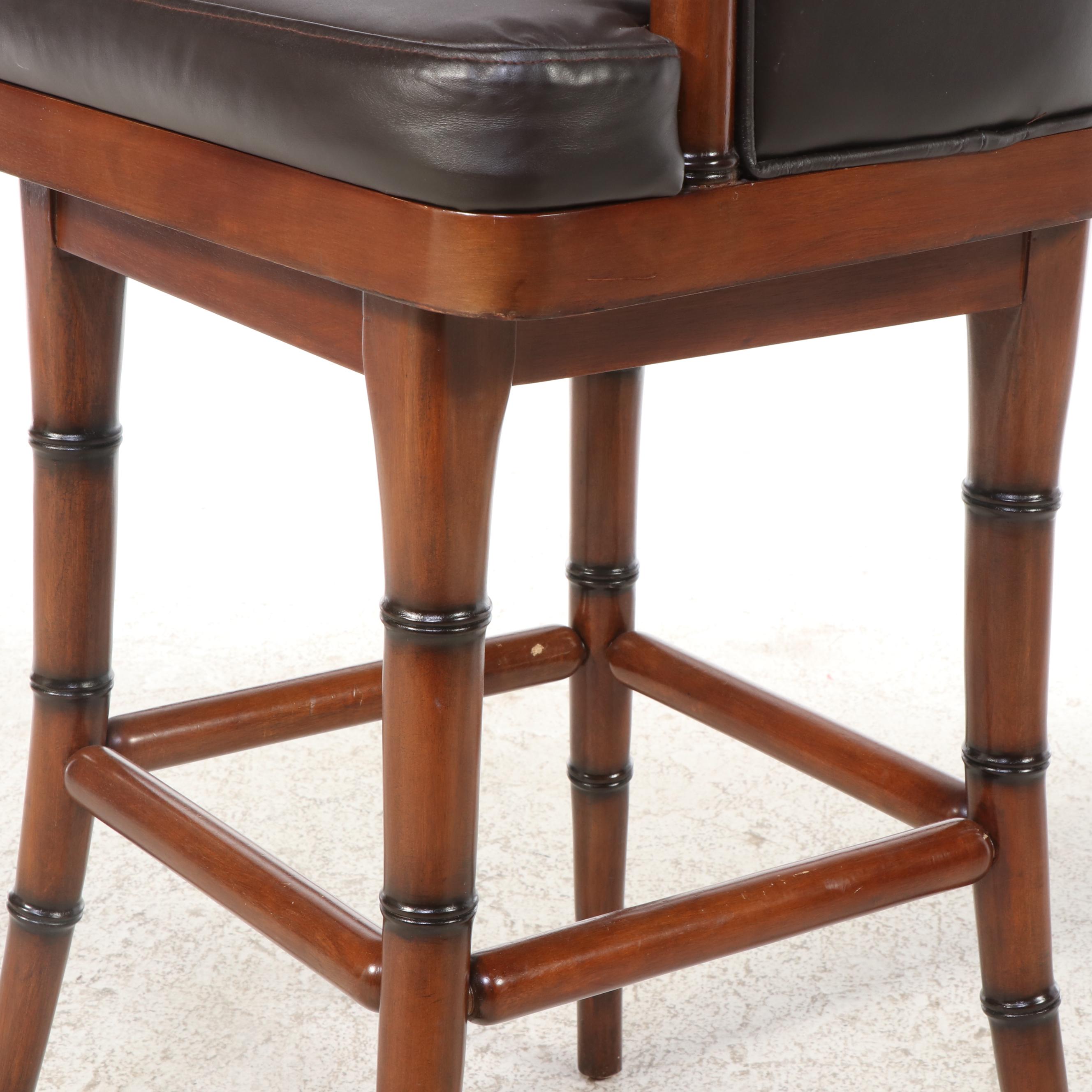 Three Frontgate Faux-Bamboo and Leather Swivel Bar Stools