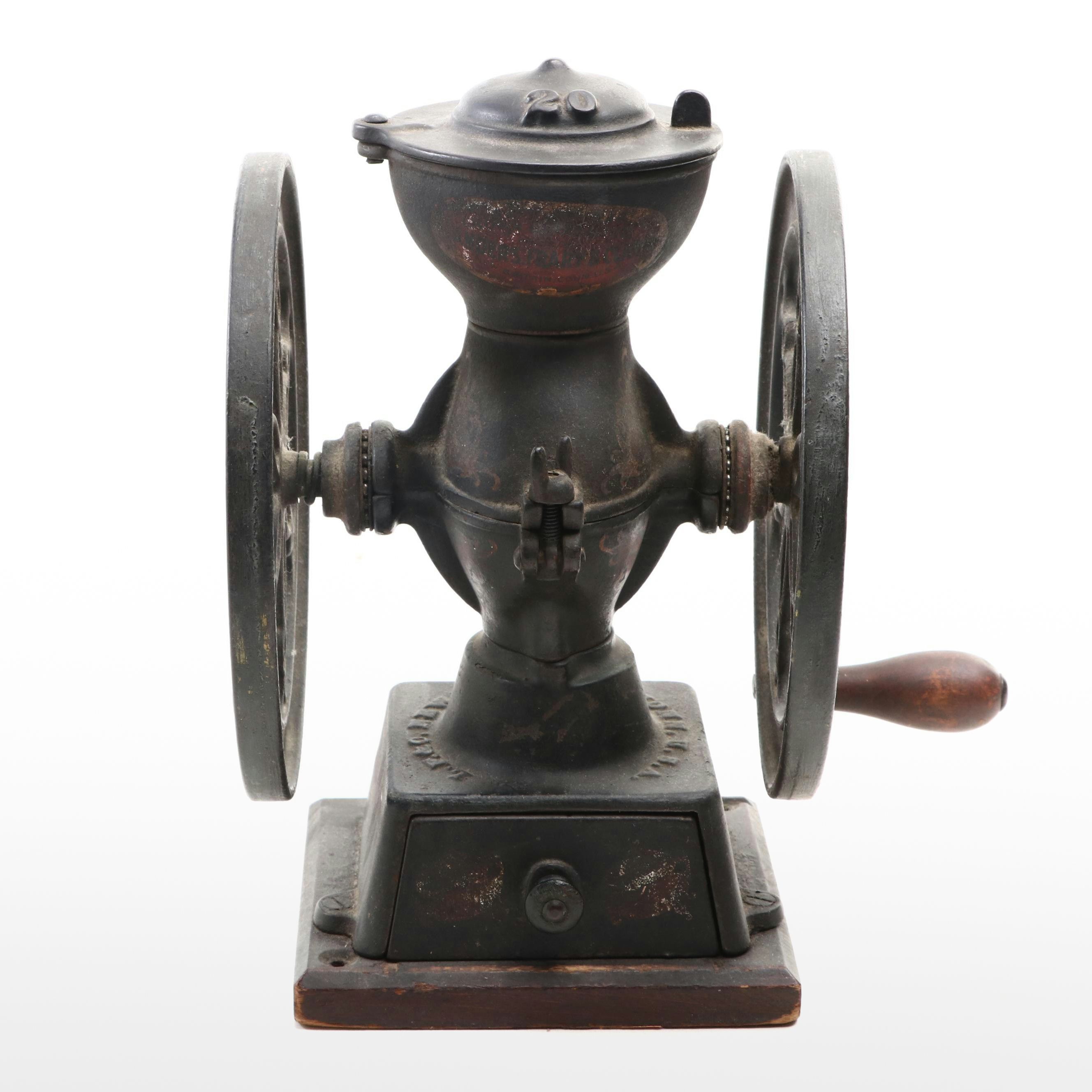 Landers, Frary & Clark Painted Cast Iron Coffee Grinder with Wood Handle