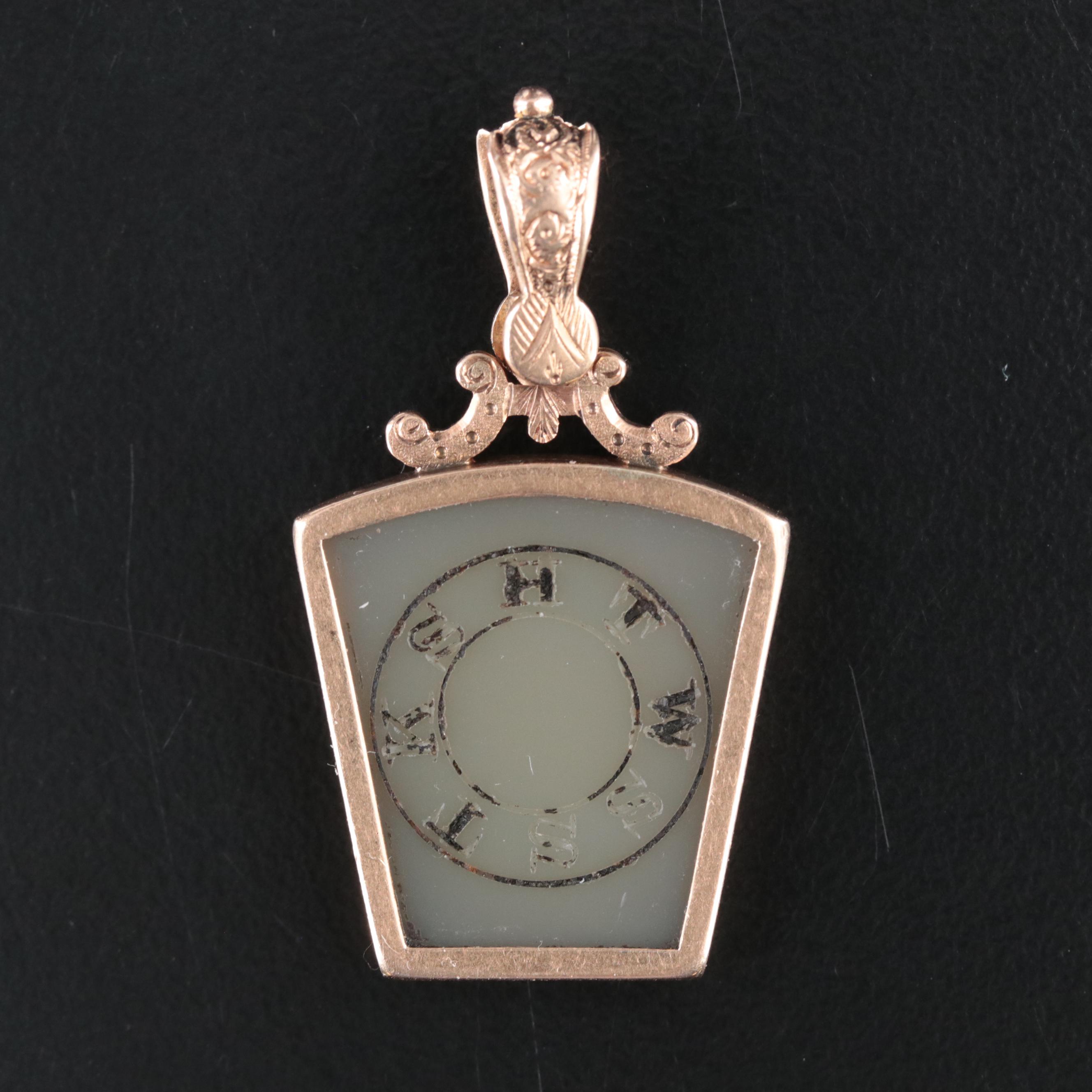 Masonic Engraved Agate Keystone Pendant with 14K Bail