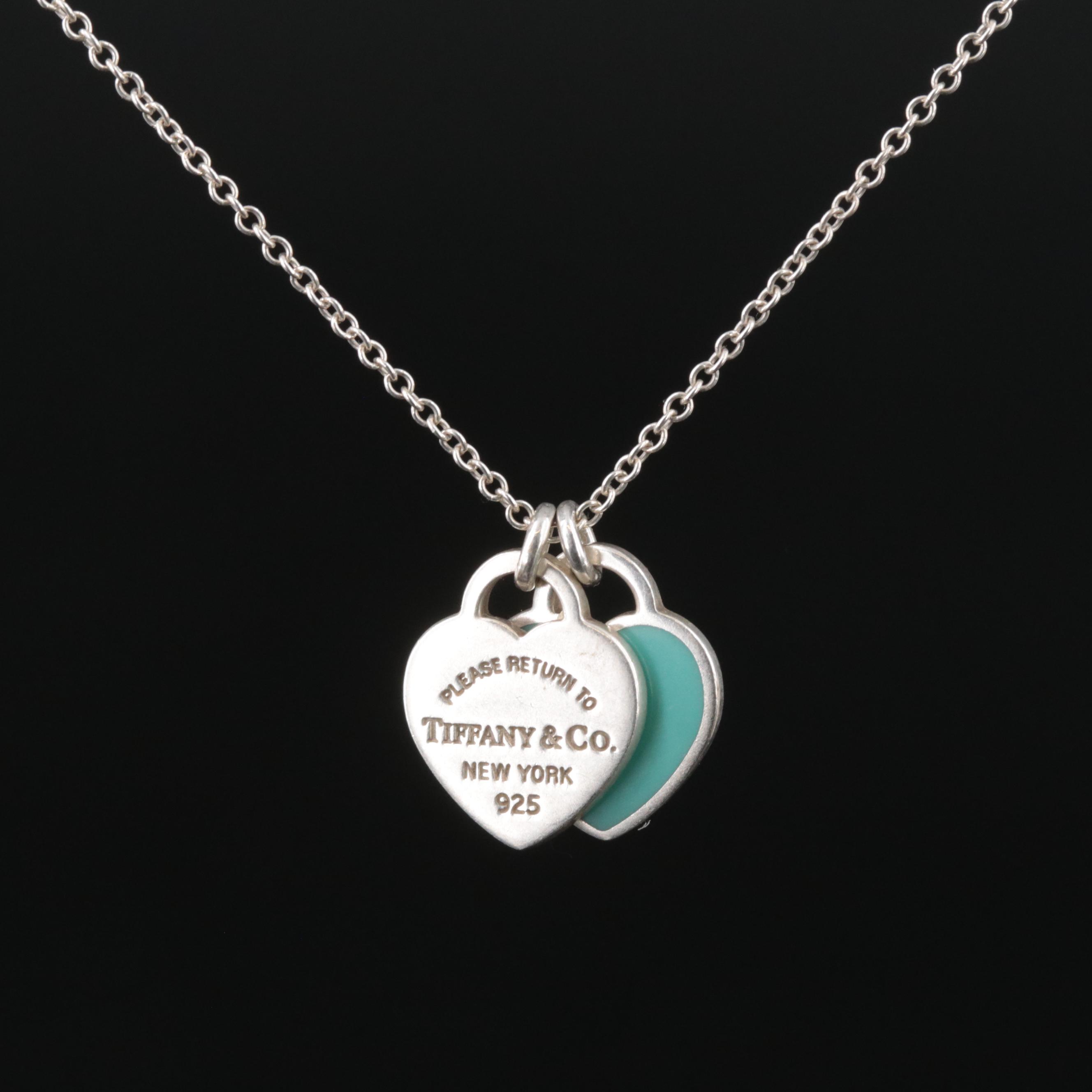 Tiffany & Co. "Return to Tiffany" Sterling Blue Double Heart Tag Necklace