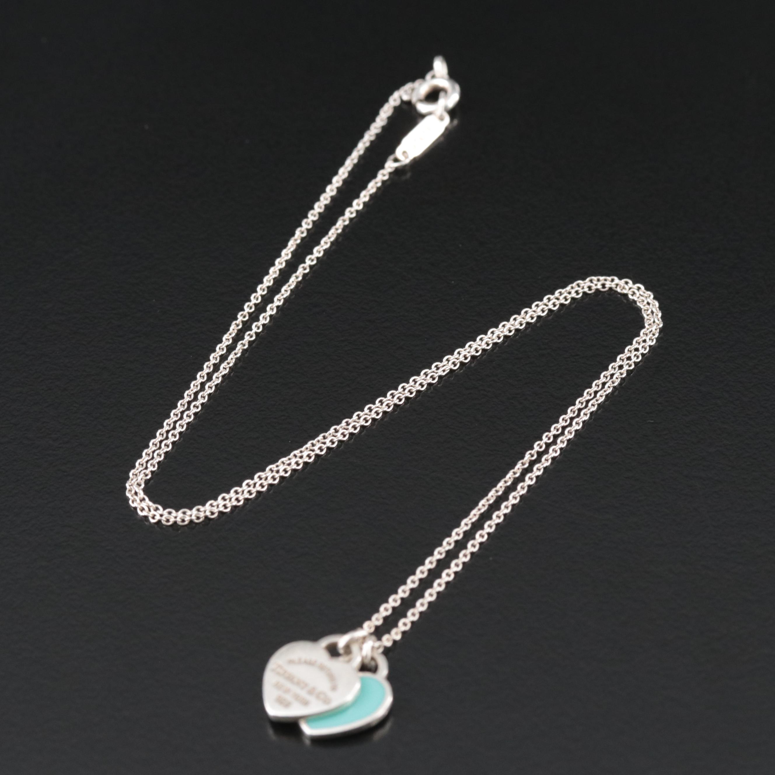 Tiffany & Co. "Return to Tiffany" Sterling Blue Double Heart Tag Necklace