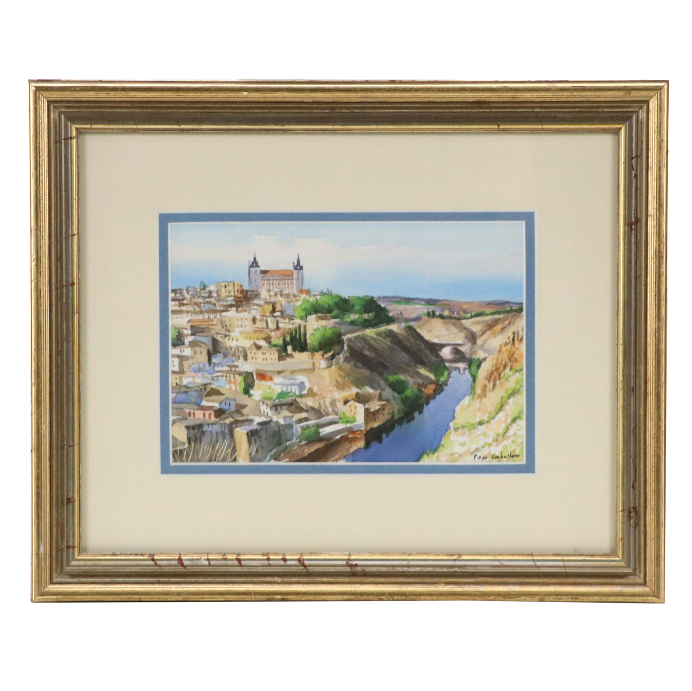 Paco Caballero Watercolor Painting of a View of Toledo, Spain