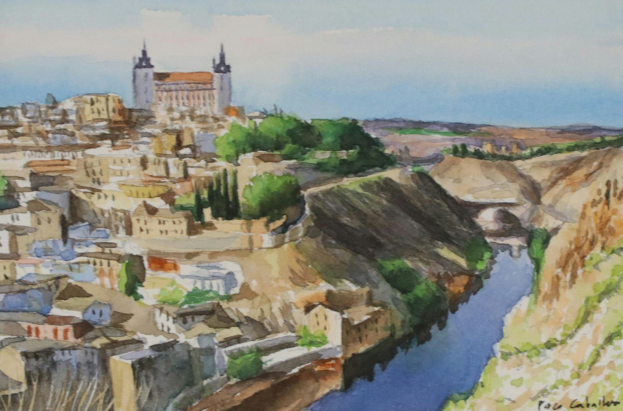 Paco Caballero Watercolor Painting of a View of Toledo, Spain