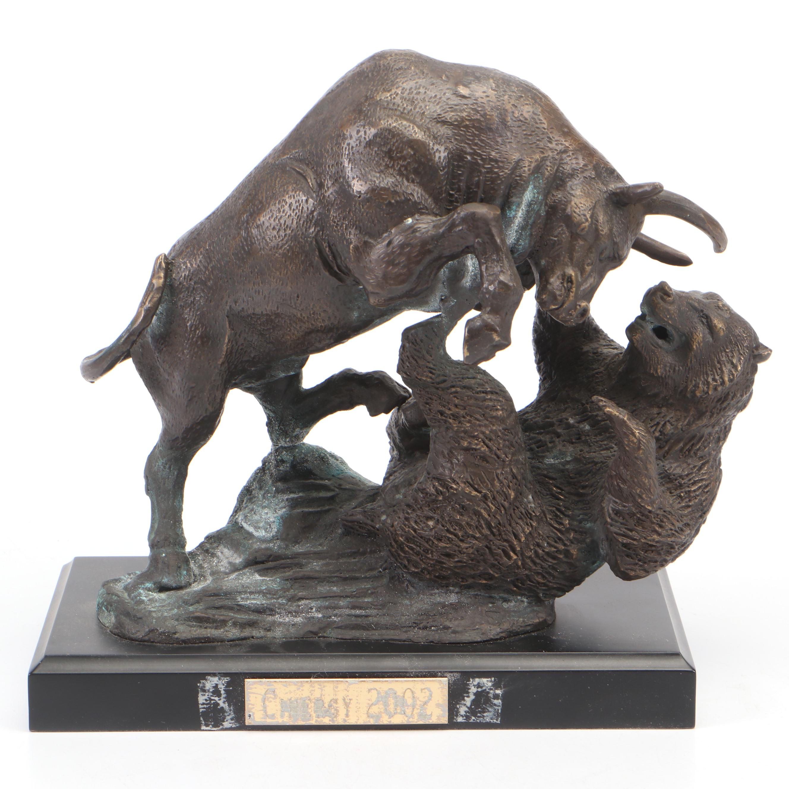 Bronze Finish Metal Charging Bull and Bear Figurines