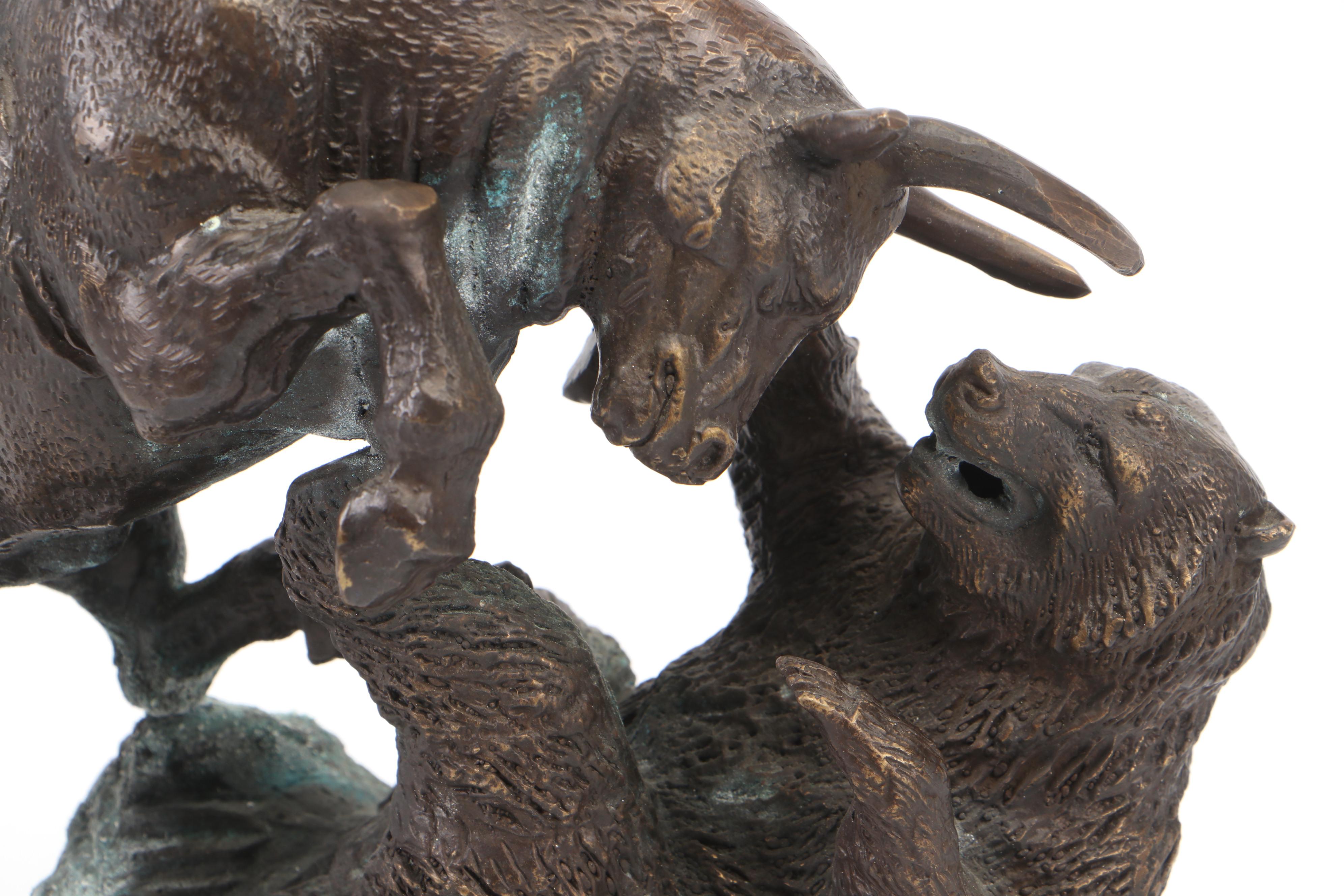 Bronze Finish Metal Charging Bull and Bear Figurines
