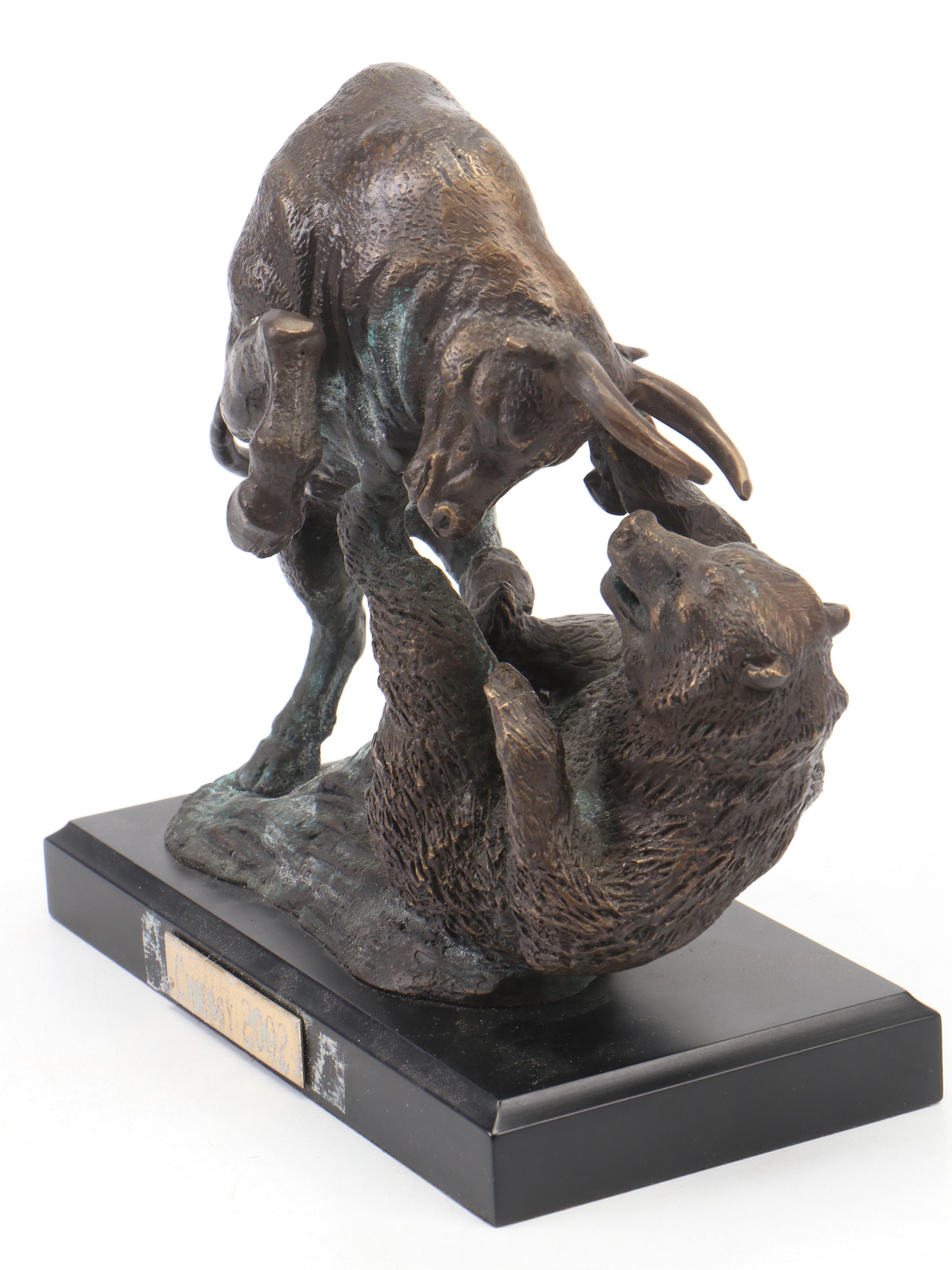 Bronze Finish Metal Charging Bull and Bear Figurines