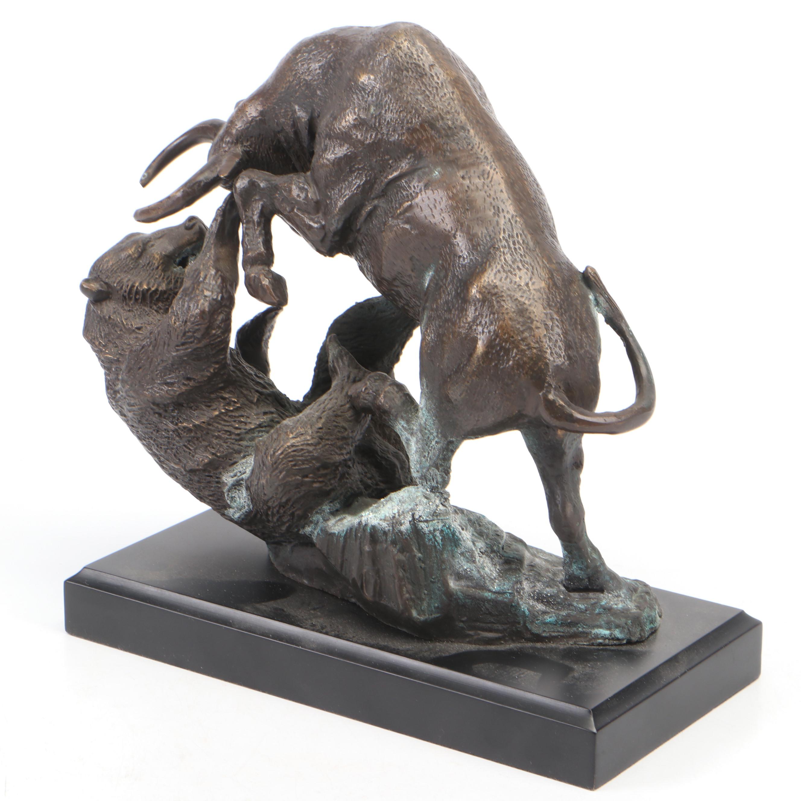 Bronze Finish Metal Charging Bull and Bear Figurines