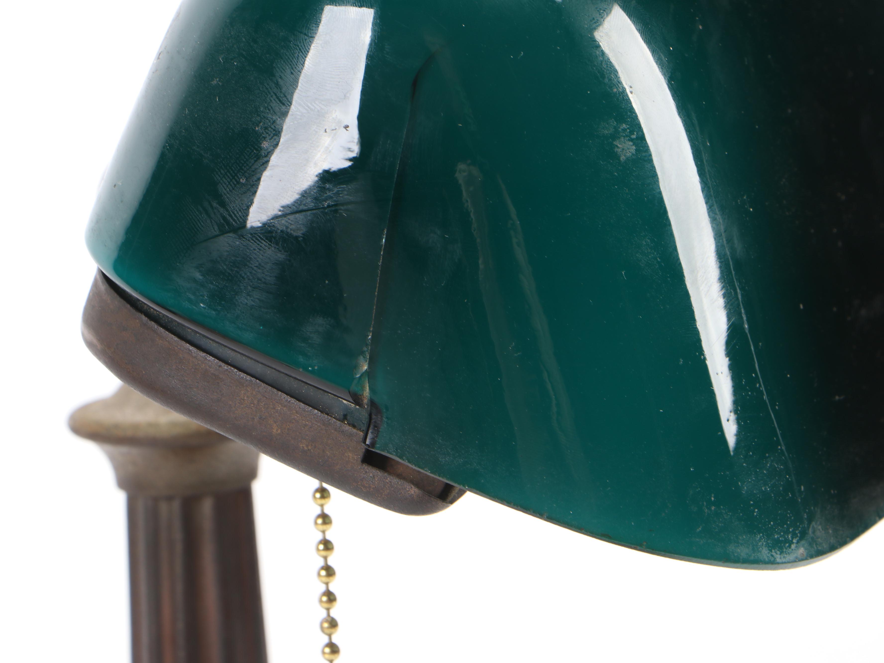 Emeralite Art Deco Cast Metal Banker's Lamp with Cased Green Glass Shade