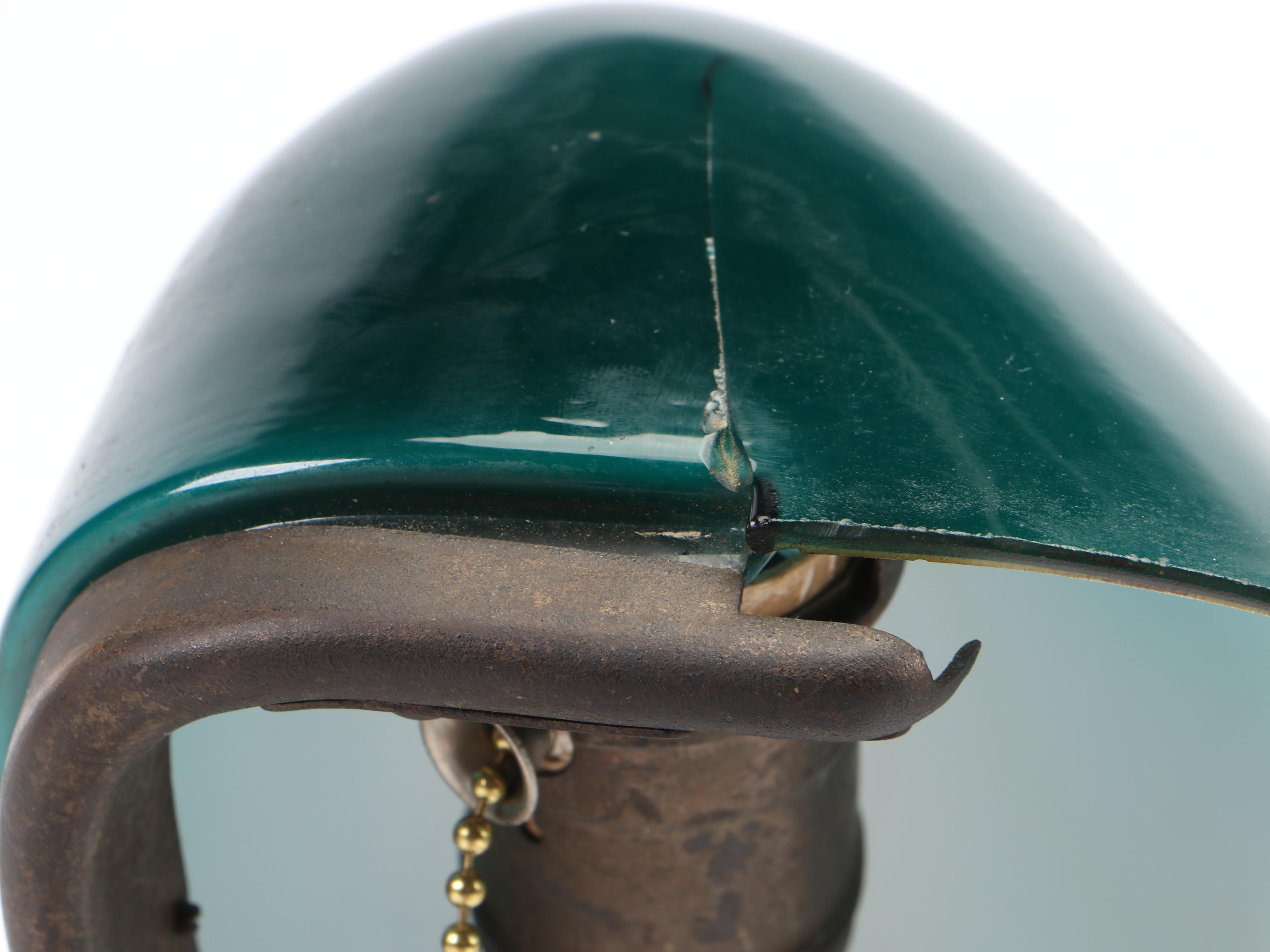 Emeralite Art Deco Cast Metal Banker's Lamp with Cased Green Glass Shade