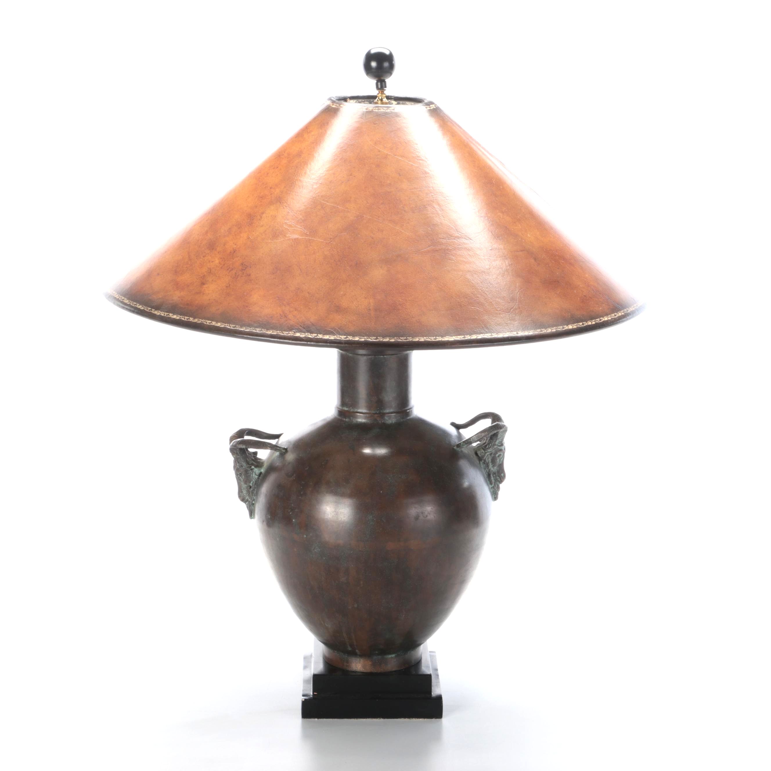 Maitland-Smith Bronze Ram Head Handled Lamp With Leather Look Coolie Shade