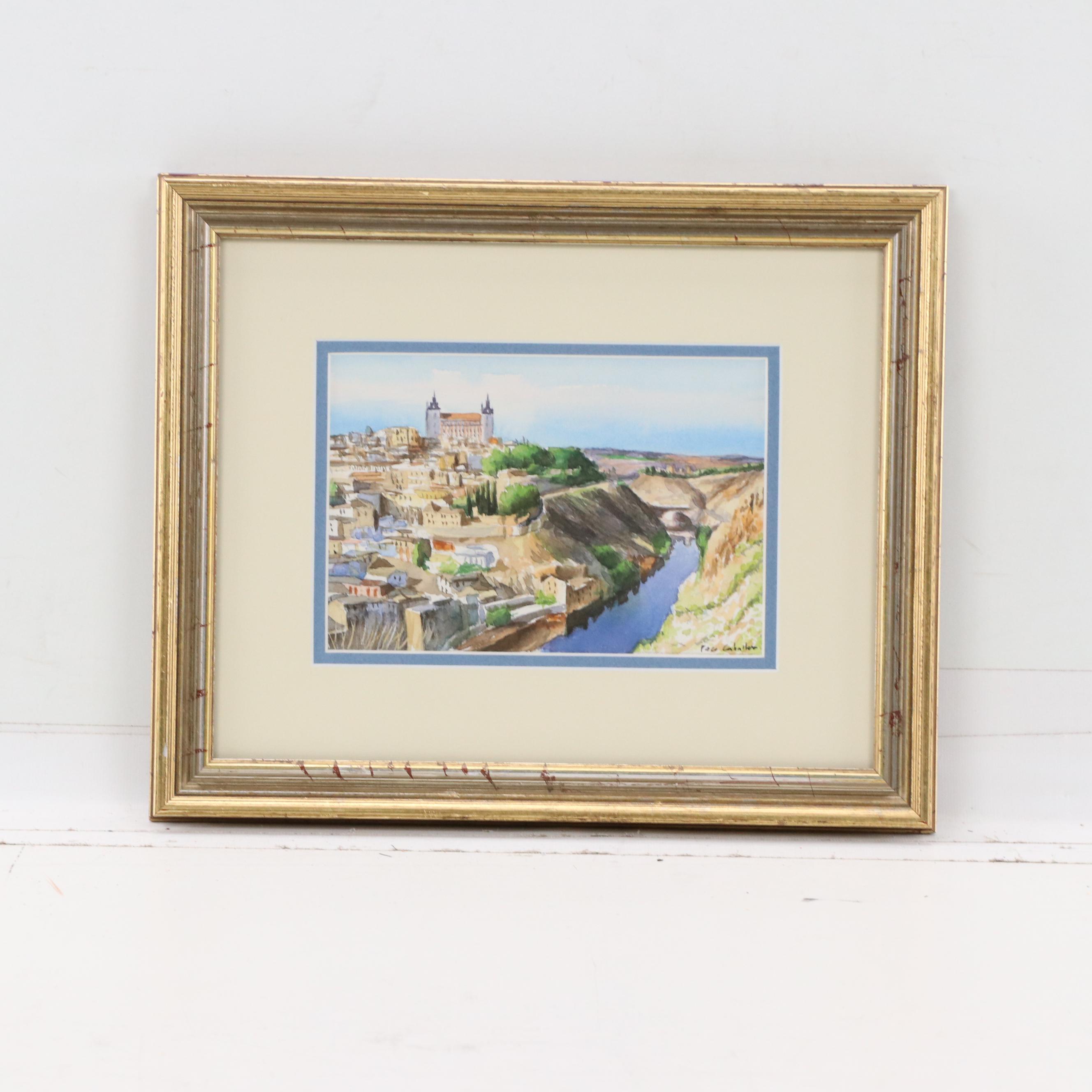 Paco Caballero Watercolor Painting of a View of Toledo, Spain