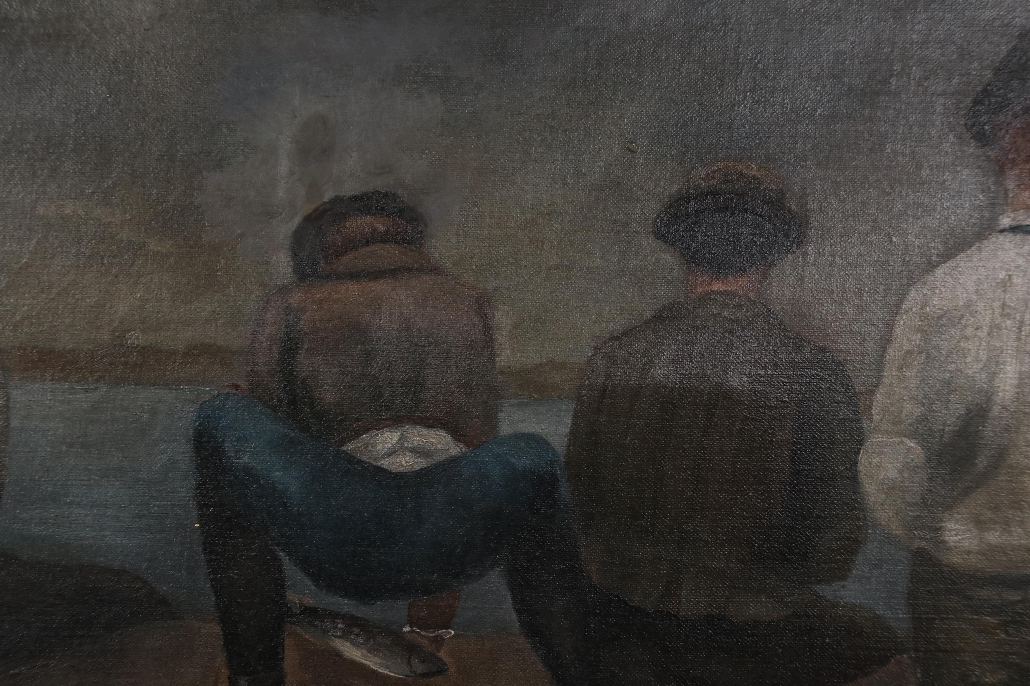 Oil Painting of Eight Fishermen Along Waterline, Circa 1883