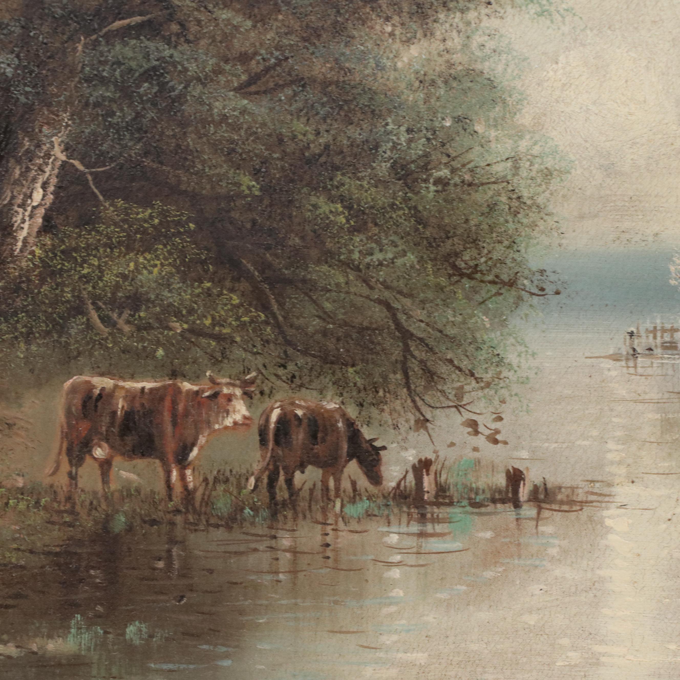 Wooded Landscape Oil Painting of Two Cows Drinking From River, 1898