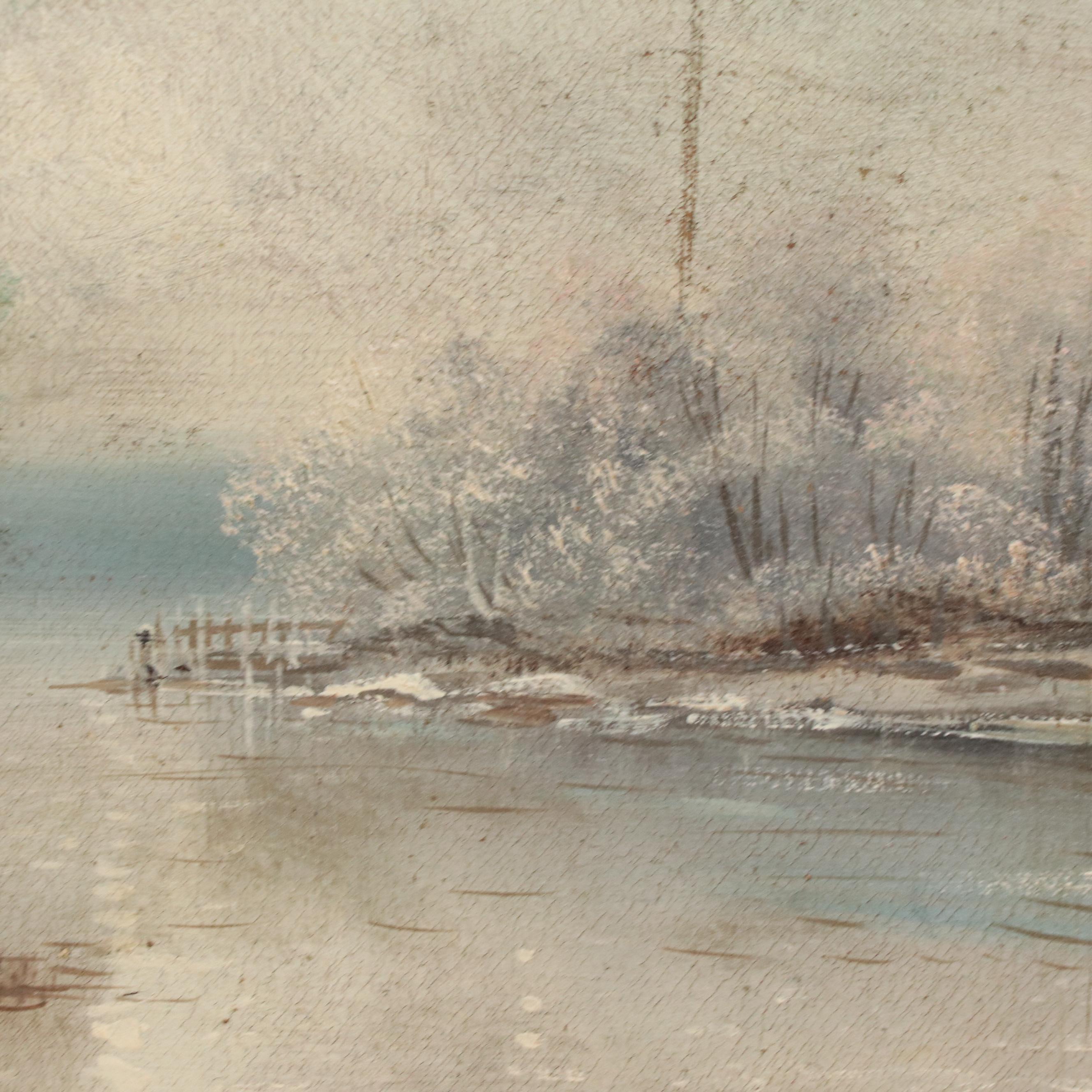 Wooded Landscape Oil Painting of Two Cows Drinking From River, 1898