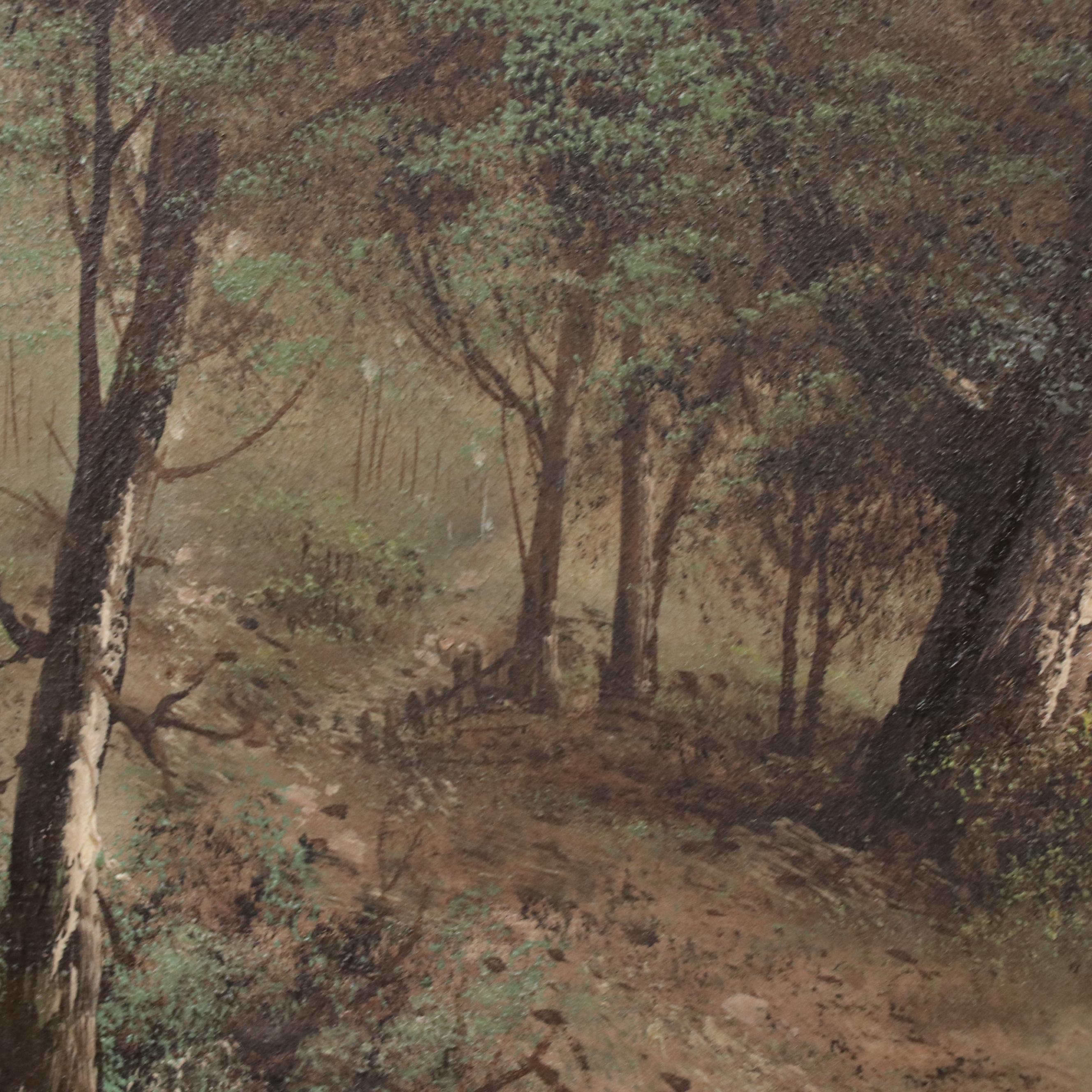 Wooded Landscape Oil Painting of Two Cows Drinking From River, 1898