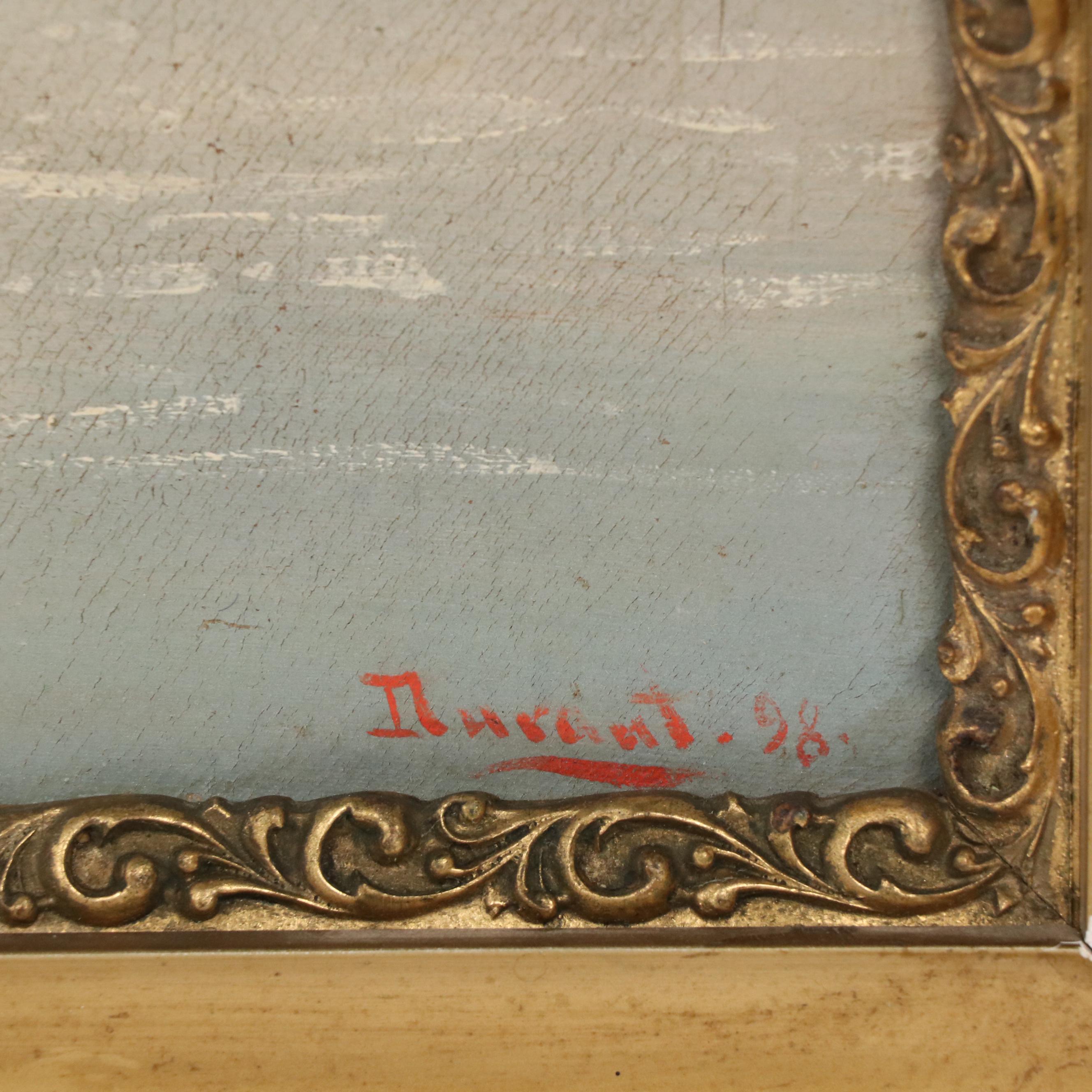 Wooded Landscape Oil Painting of Two Cows Drinking From River, 1898