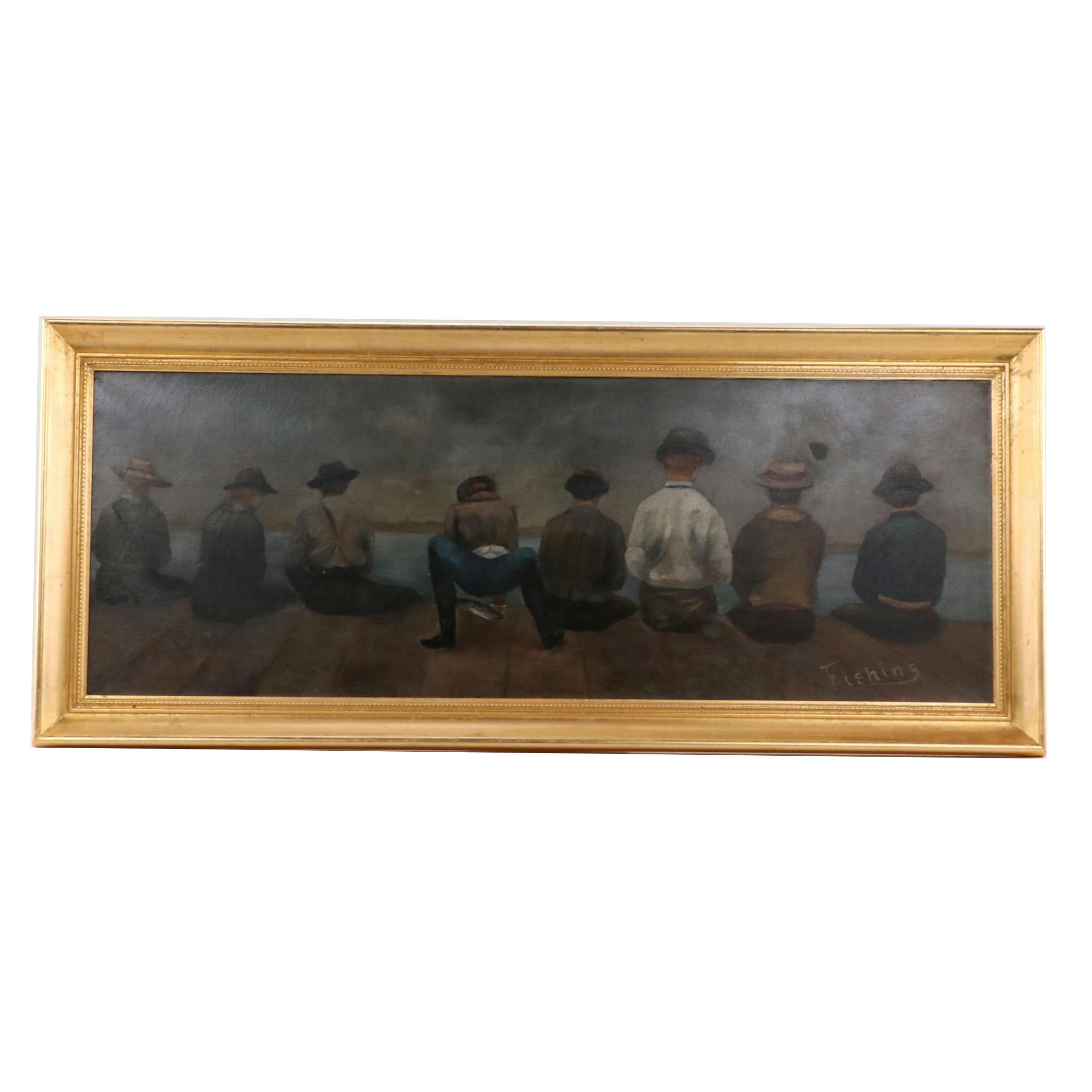 Oil Painting of Eight Fishermen Along Waterline, Circa 1883