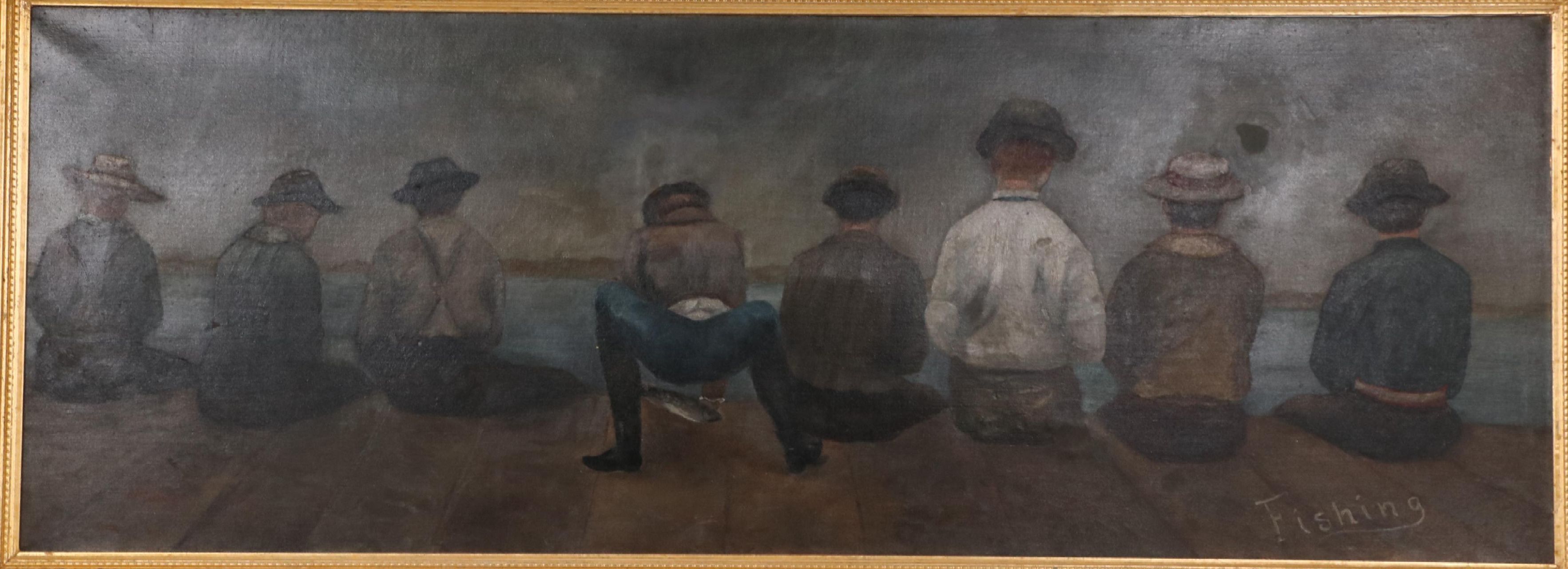 Oil Painting of Eight Fishermen Along Waterline, Circa 1883
