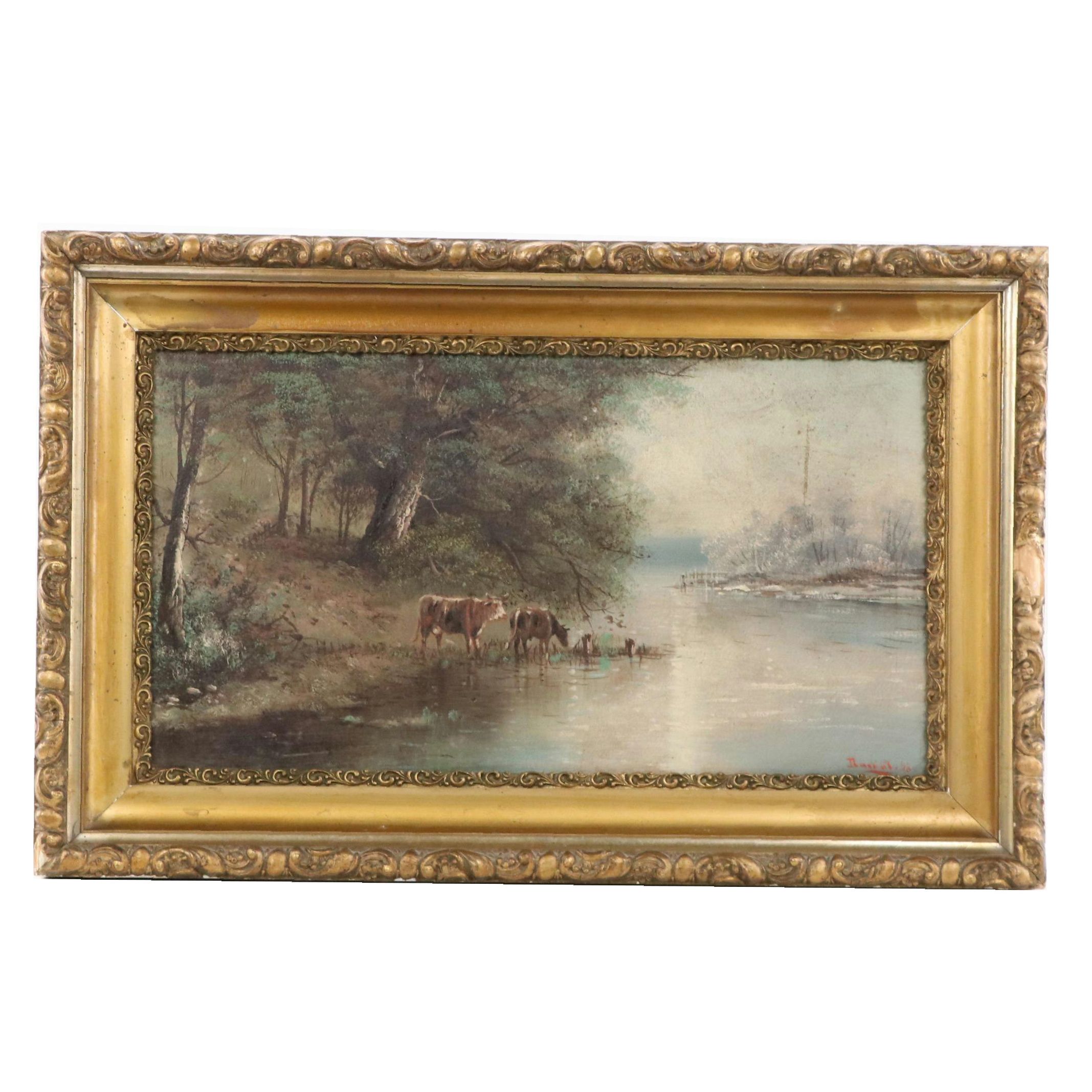 Wooded Landscape Oil Painting of Two Cows Drinking From River, 1898