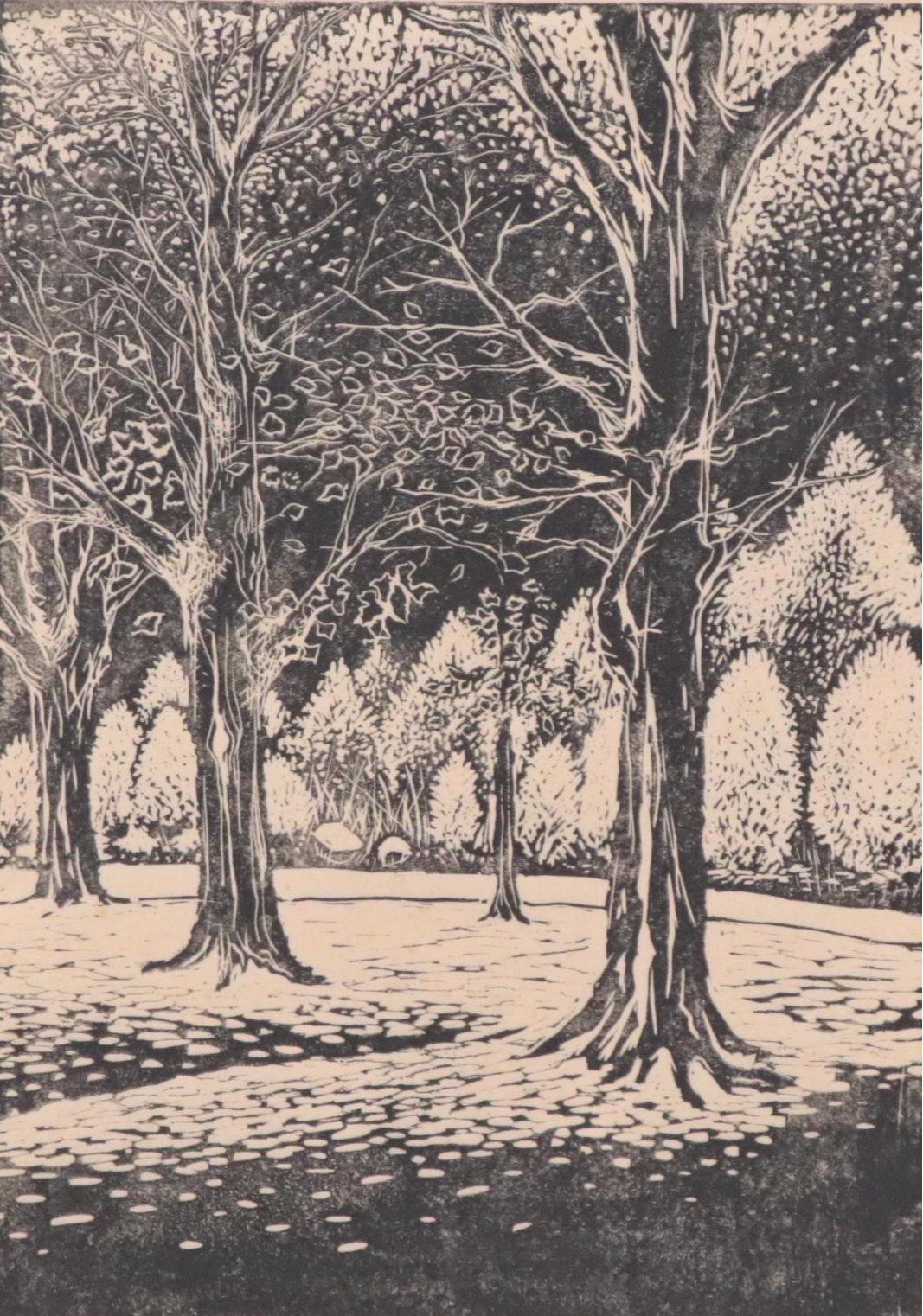 Landscape Linocut, Mid-20th Century