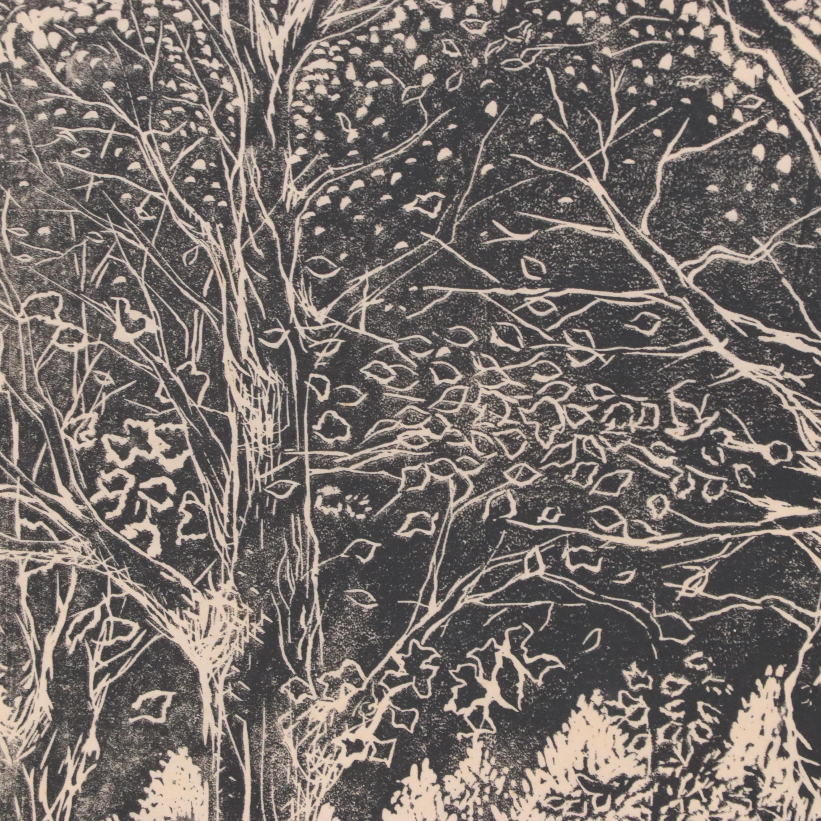 Landscape Linocut, Mid-20th Century