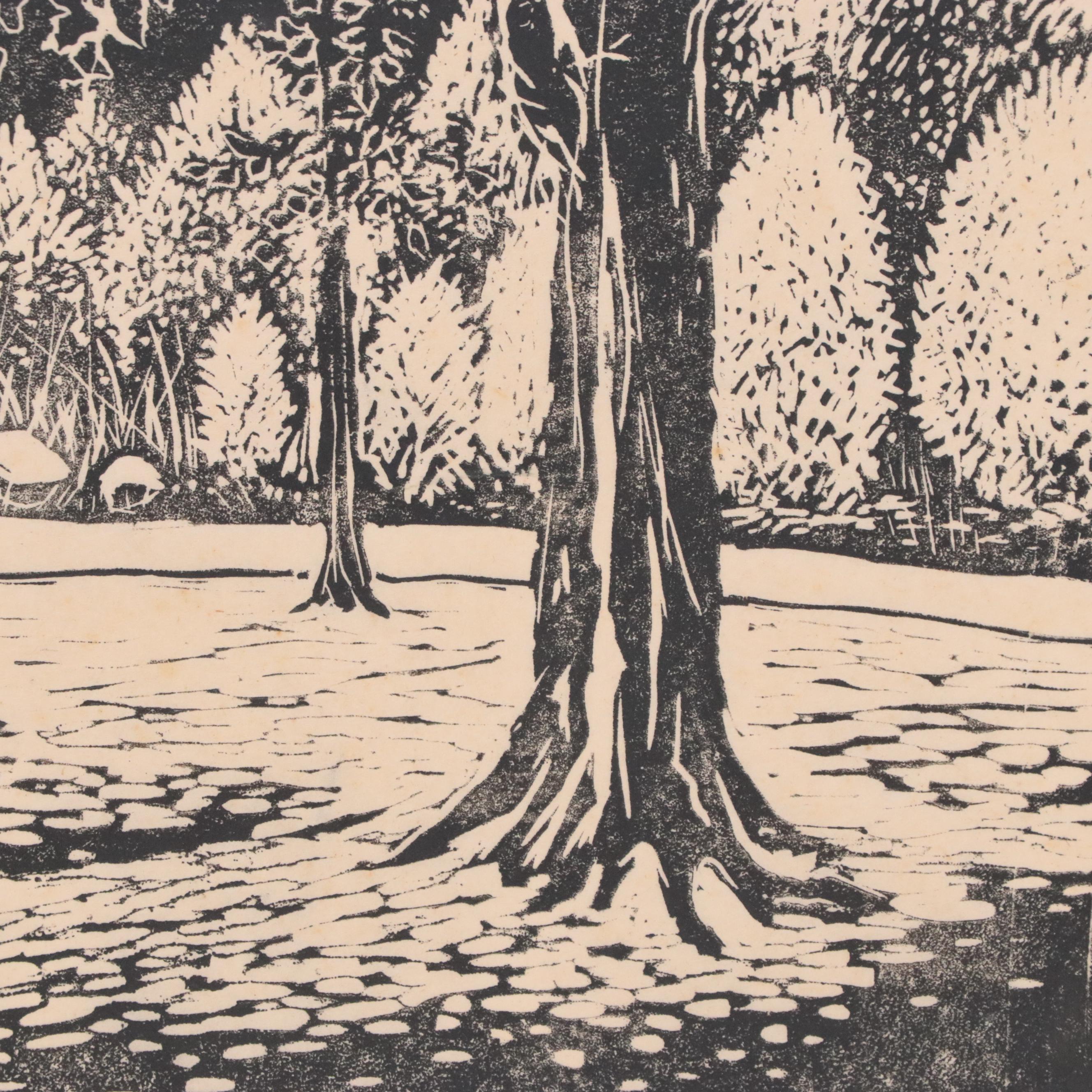 Landscape Linocut, Mid-20th Century