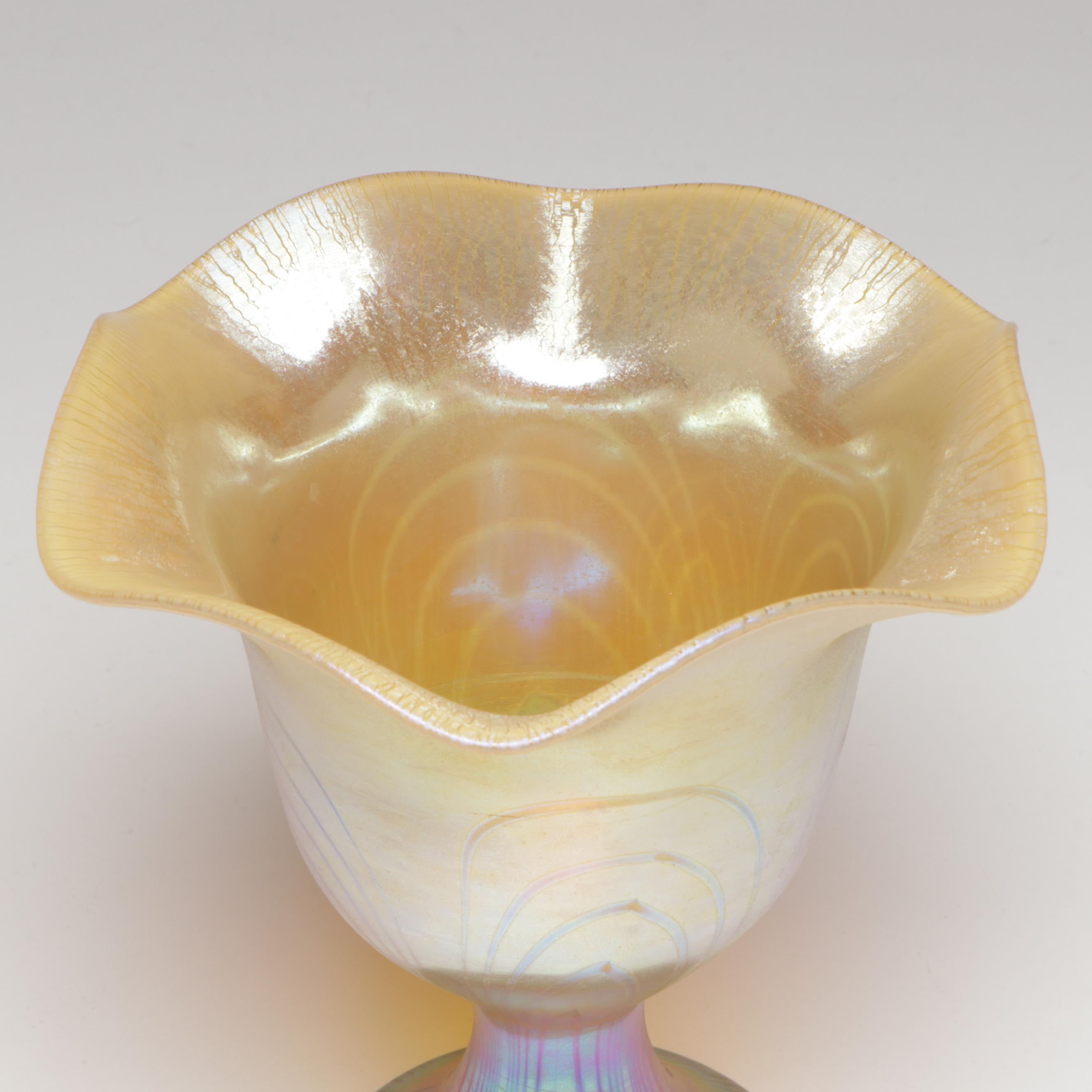 Steuben Feathered Gold Aurene Art Glass Vase, Early 20th Century