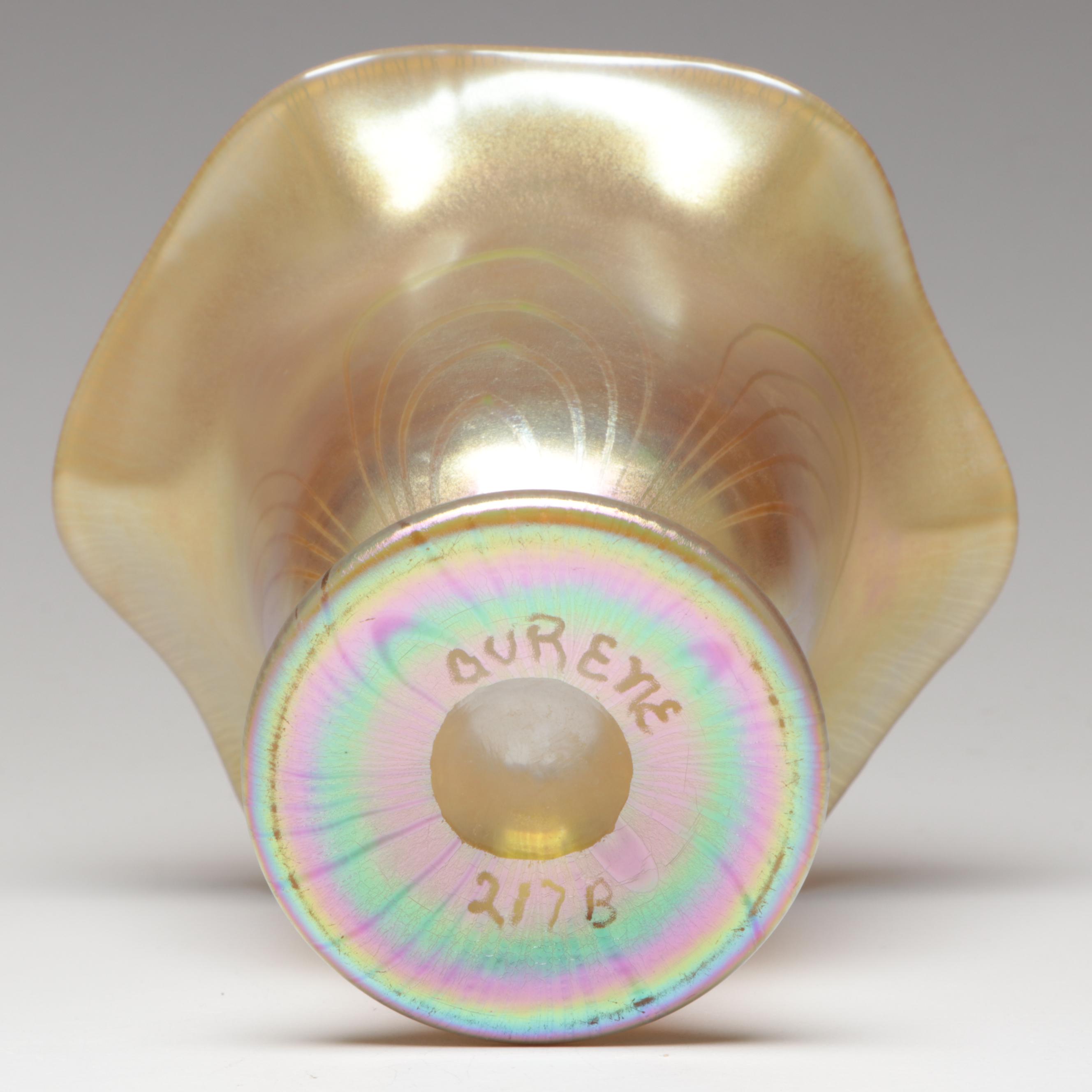 Steuben Feathered Gold Aurene Art Glass Vase, Early 20th Century