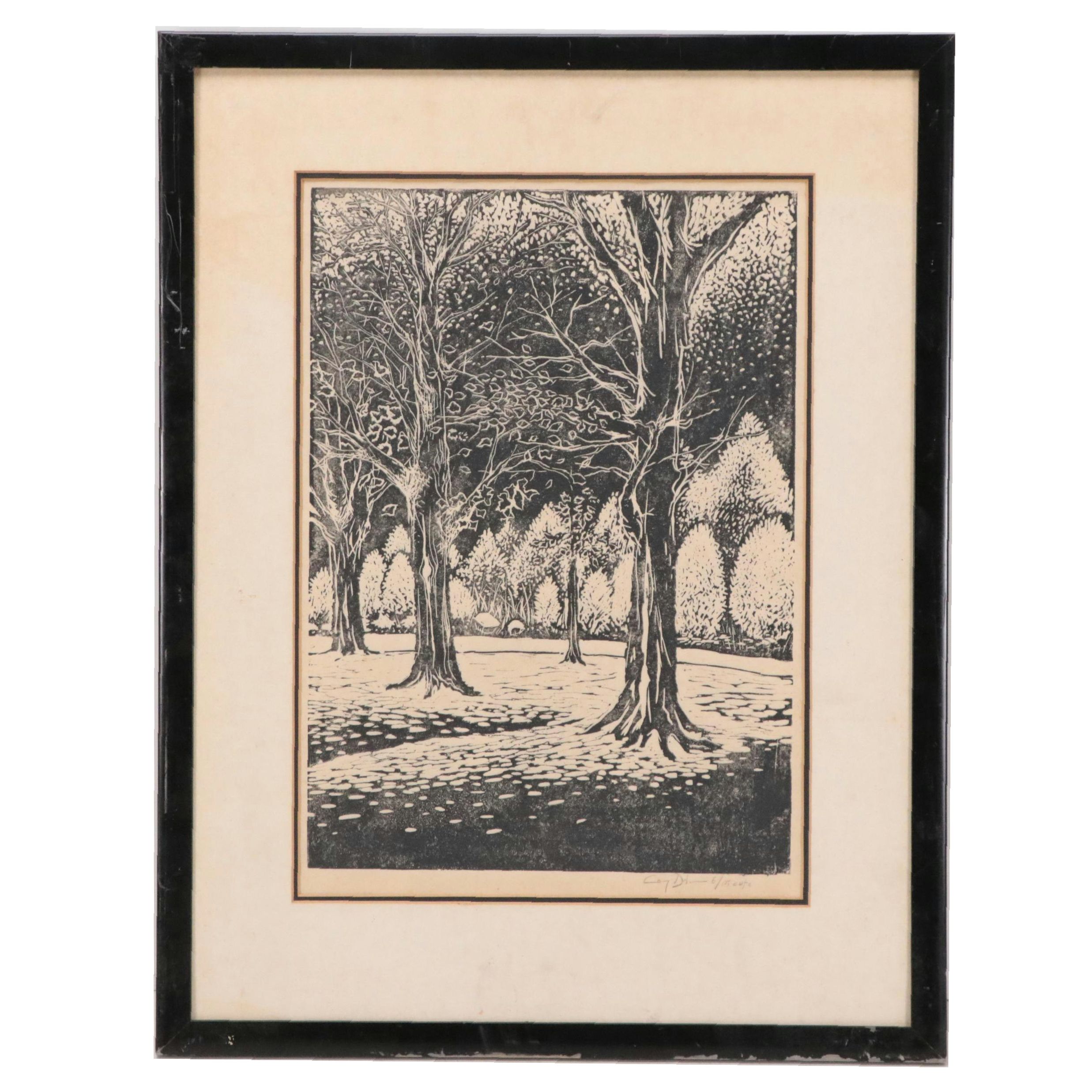 Landscape Linocut, Mid-20th Century