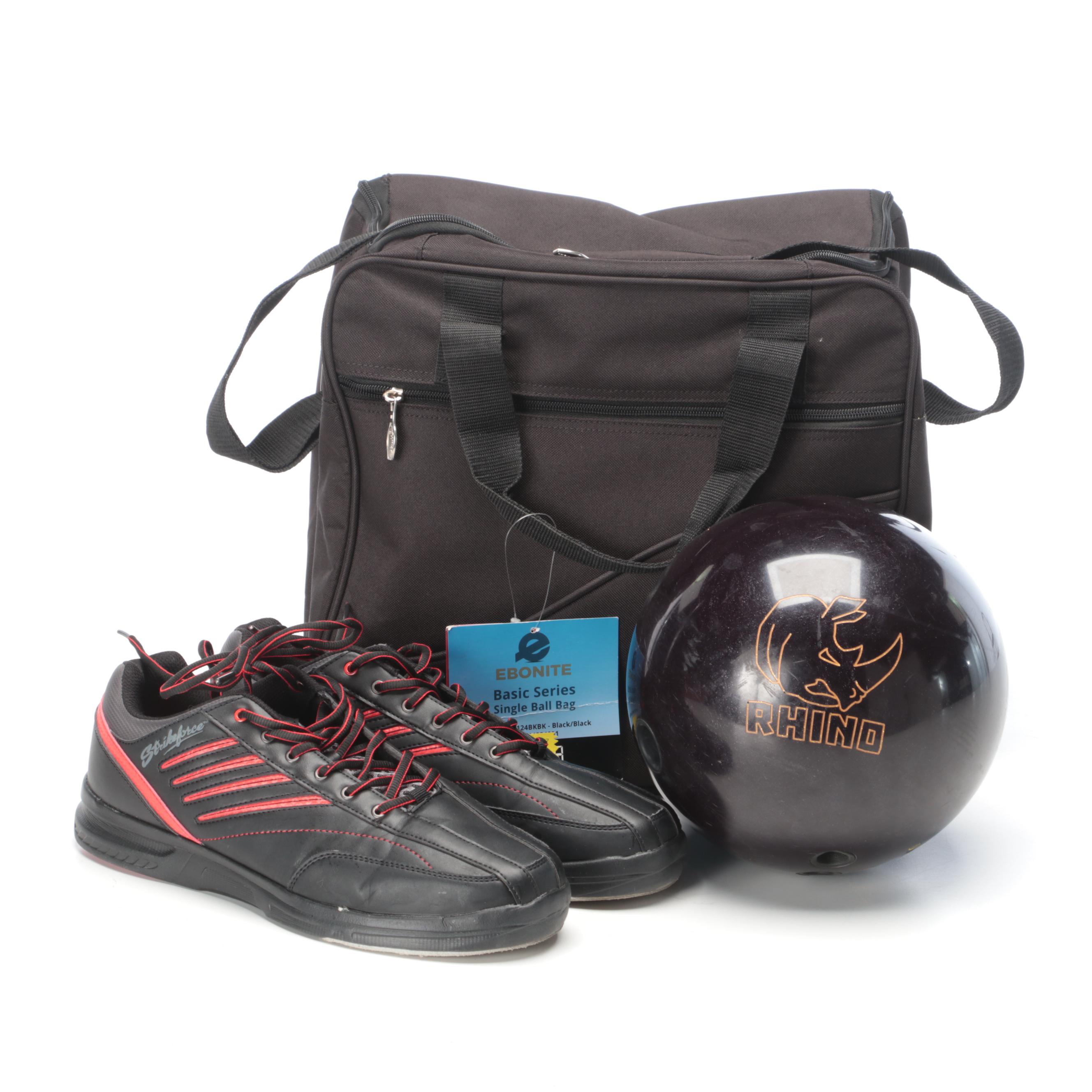 Rhino Bowling Ball, Strikeforce Shoes and Ebonite Single Ball Bag