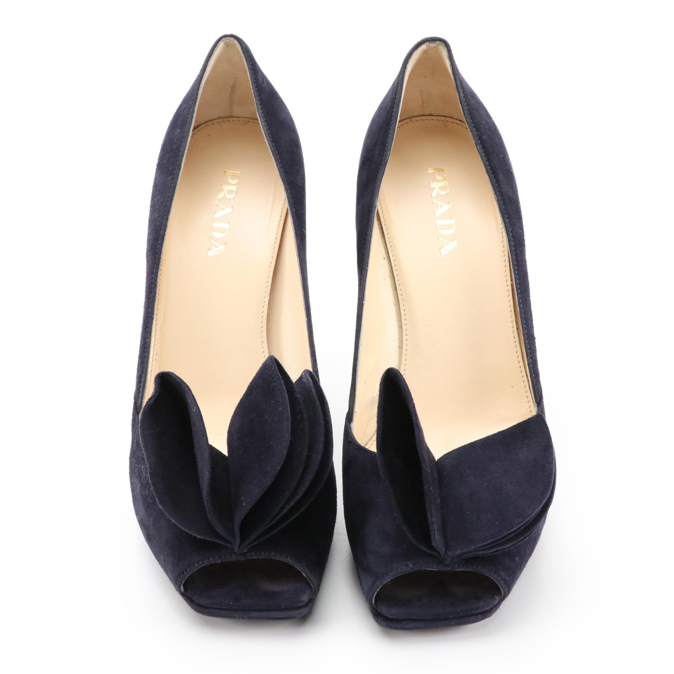Prada Peep Toe Platform Pumps in Midnight Blue Camoscio Suede with Box