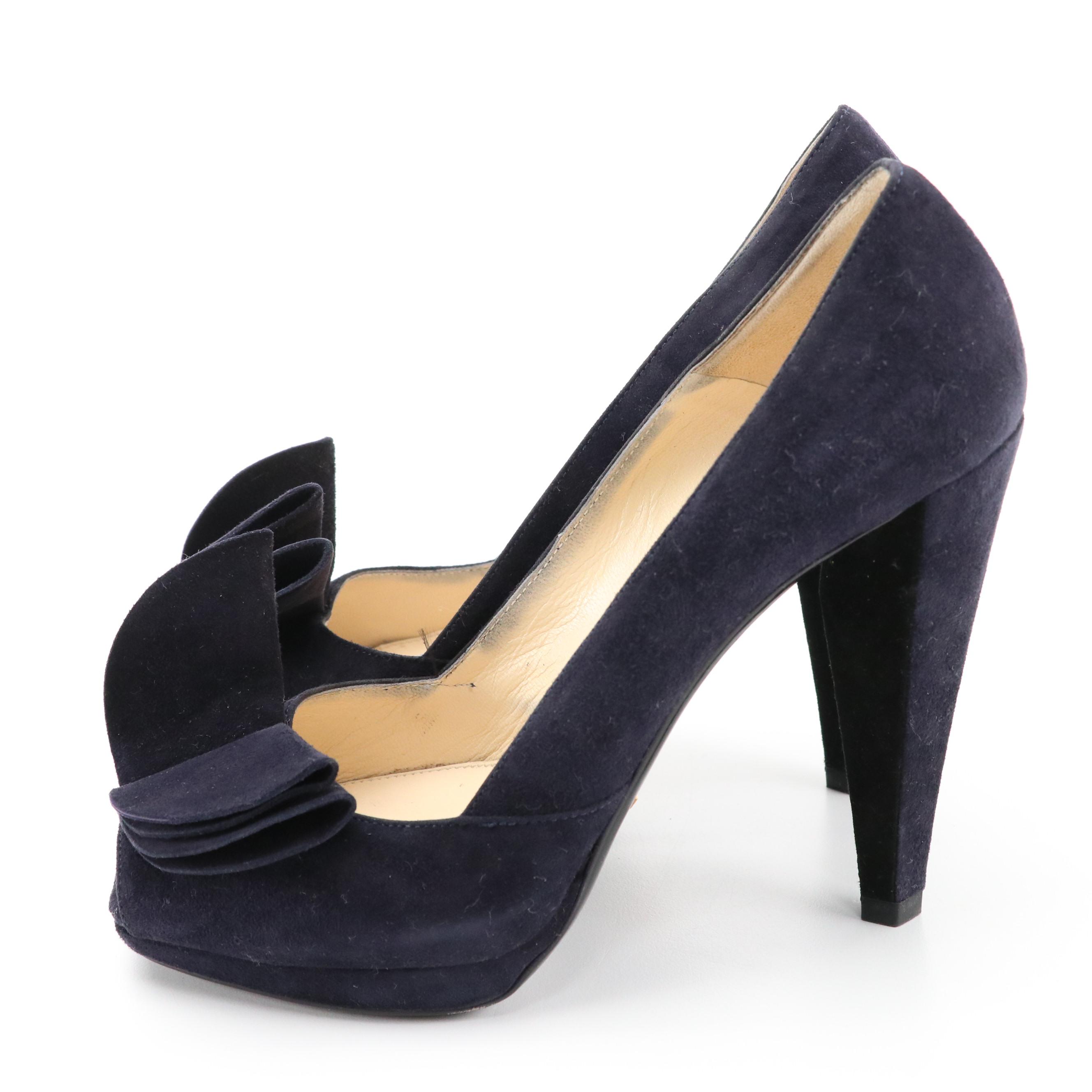 Prada Peep Toe Platform Pumps in Midnight Blue Camoscio Suede with Box