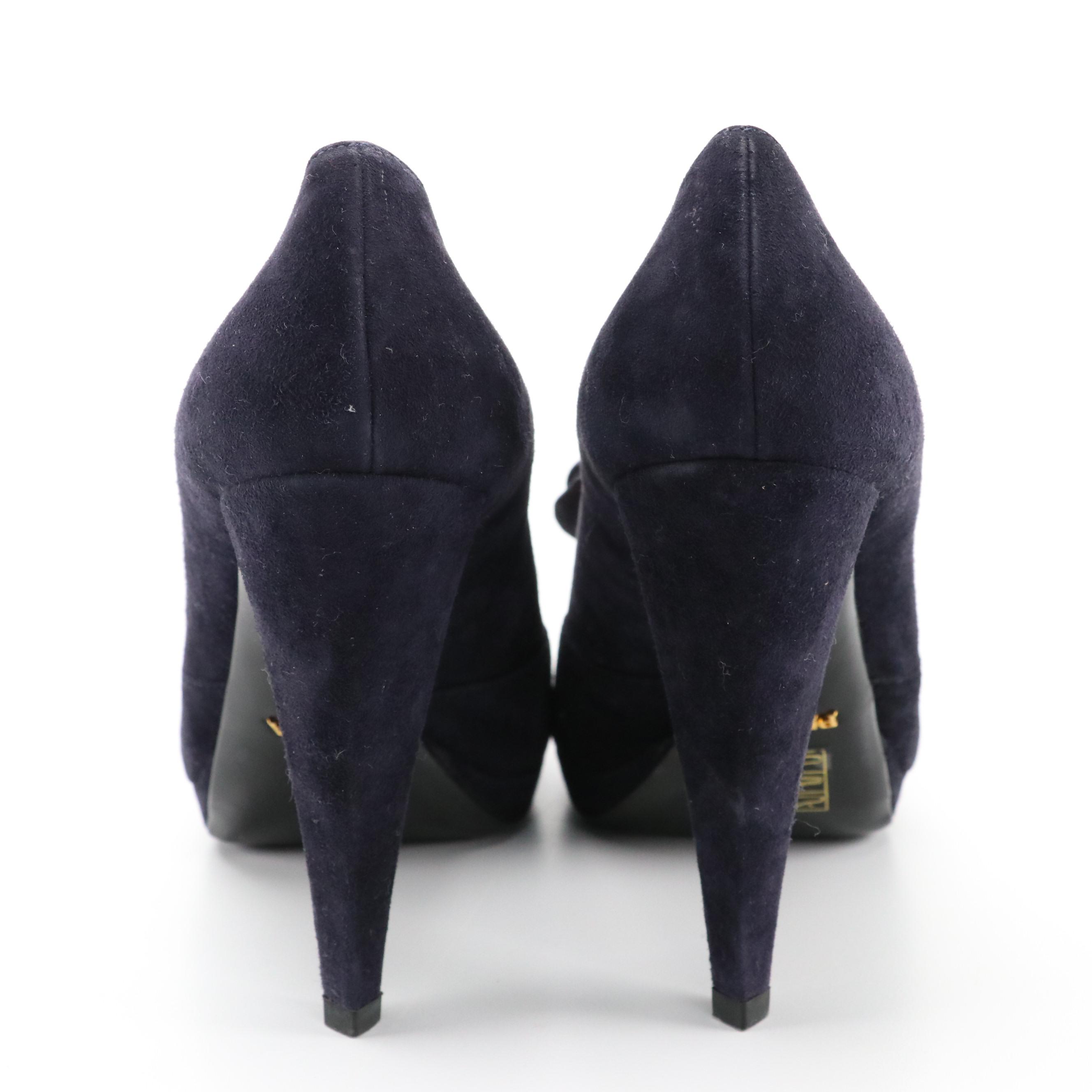 Prada Peep Toe Platform Pumps in Midnight Blue Camoscio Suede with Box
