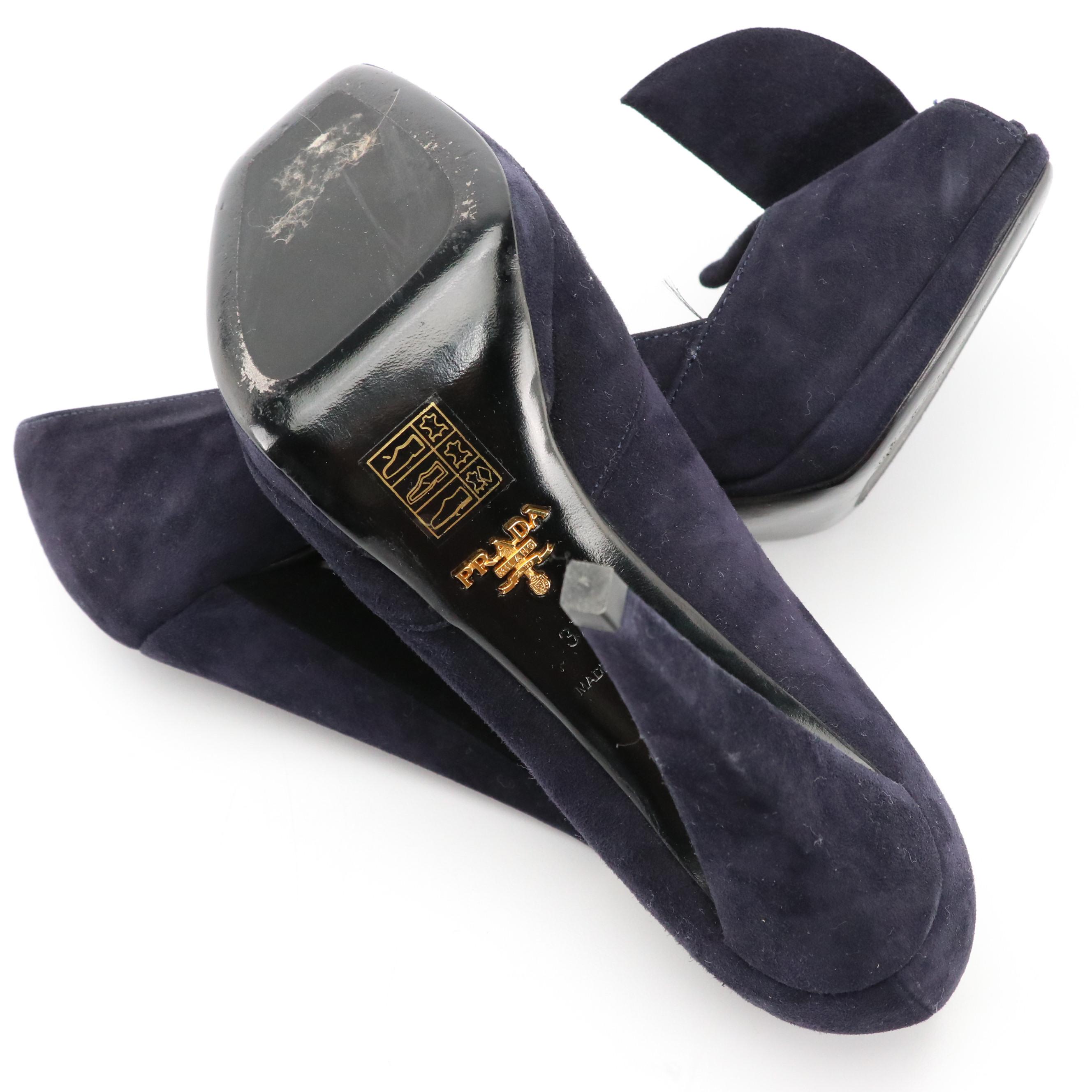 Prada Peep Toe Platform Pumps in Midnight Blue Camoscio Suede with Box