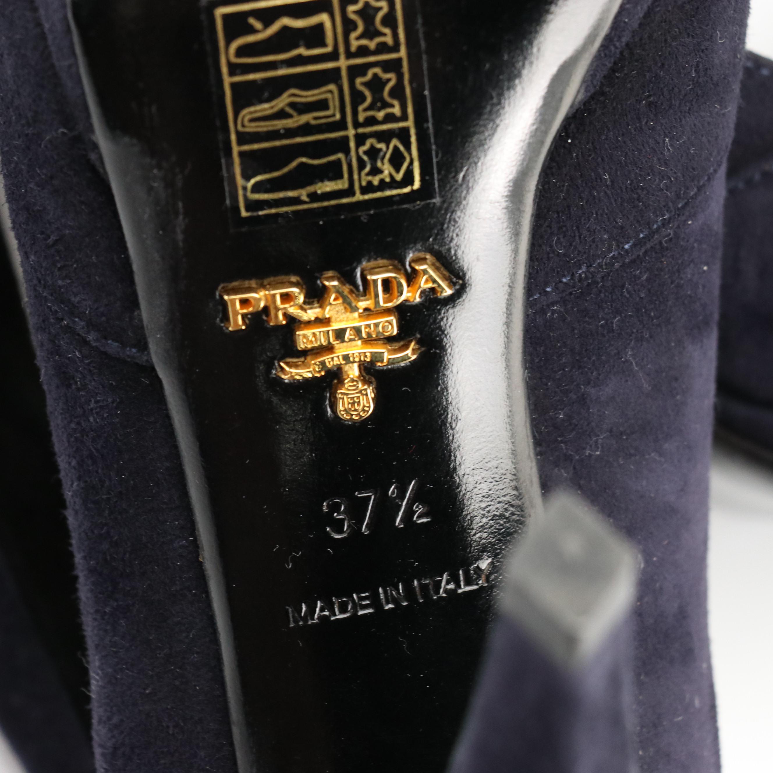 Prada Peep Toe Platform Pumps in Midnight Blue Camoscio Suede with Box