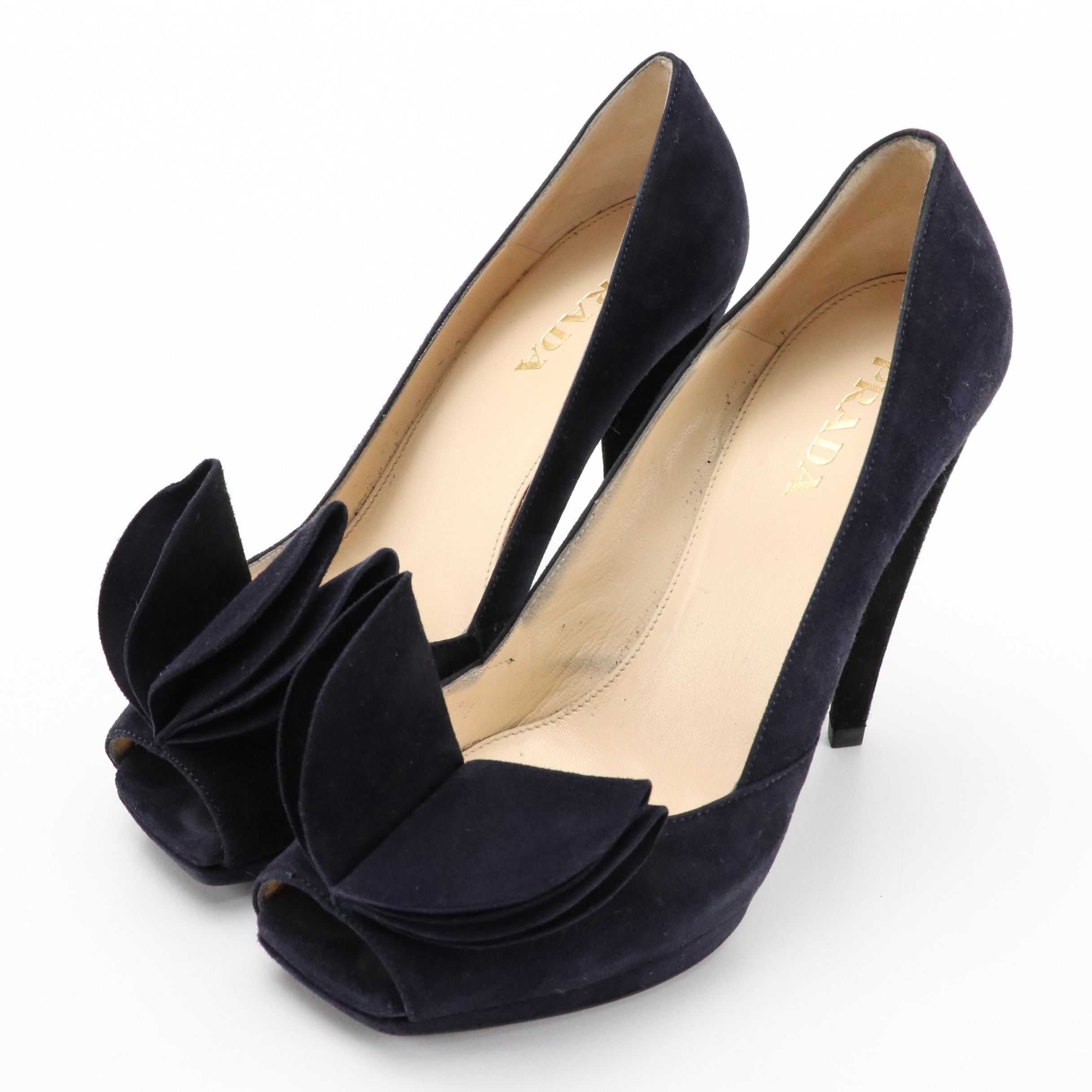 Prada Peep Toe Platform Pumps in Midnight Blue Camoscio Suede with Box