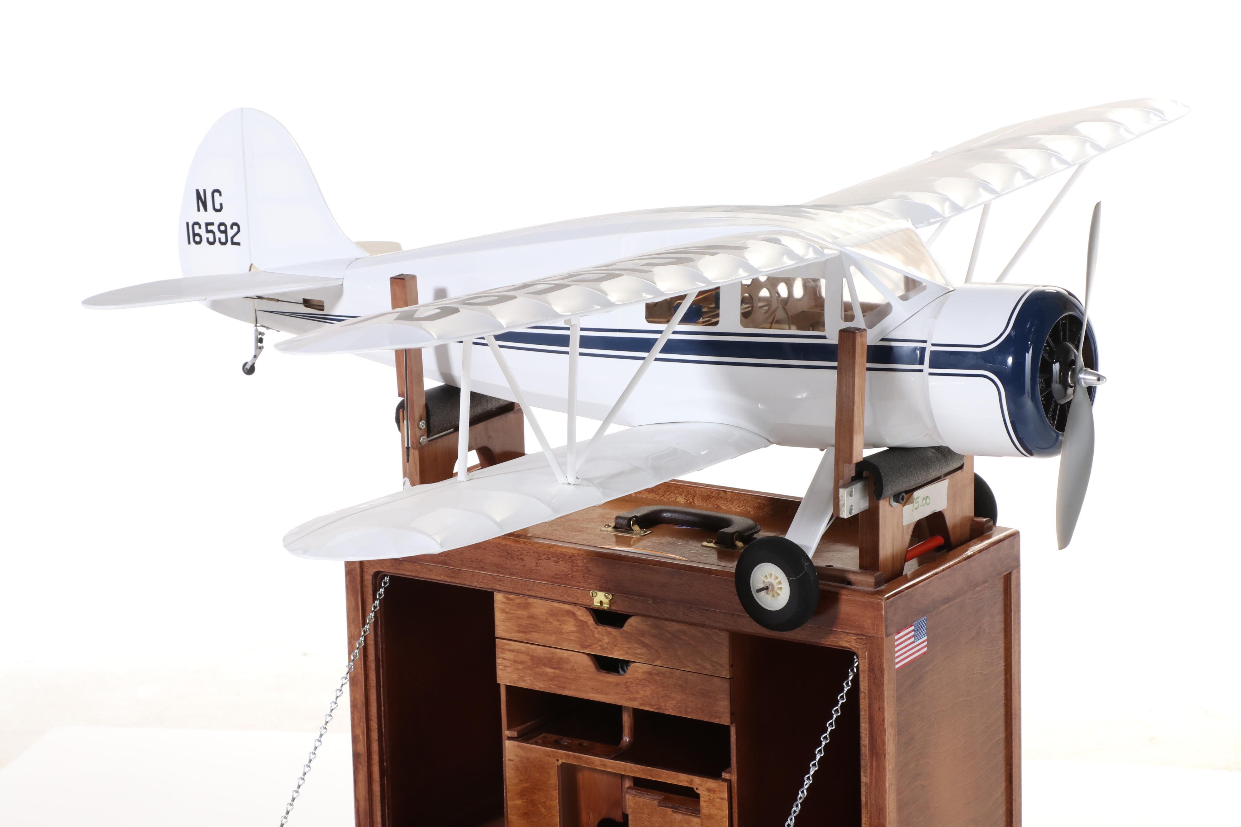 Waco Golden Age Biplane With Vintage Wooden RC Control Portable Cabinet
