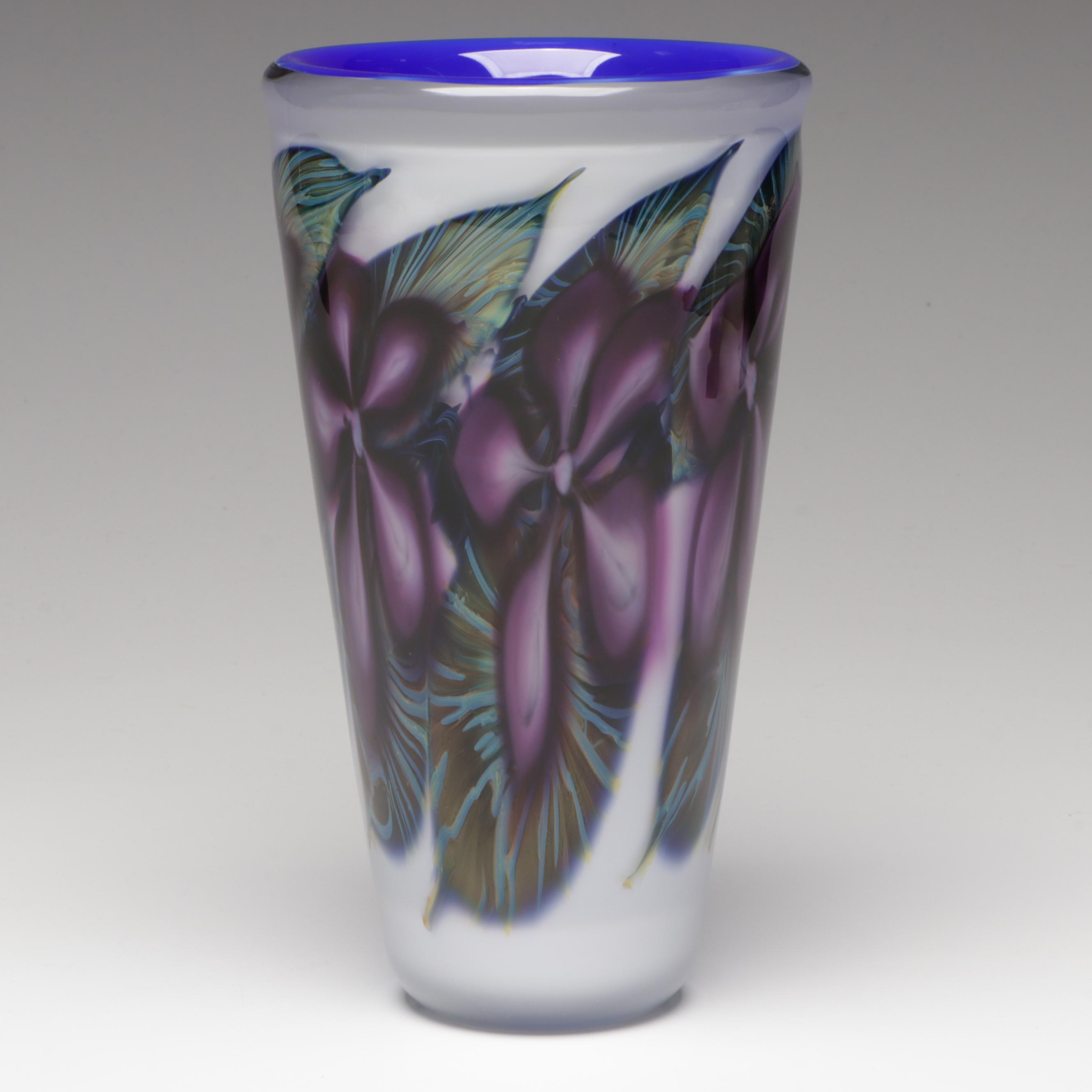 David Lotton "Clematis" Handblown Floral Studio Art Glass Vase, 1995