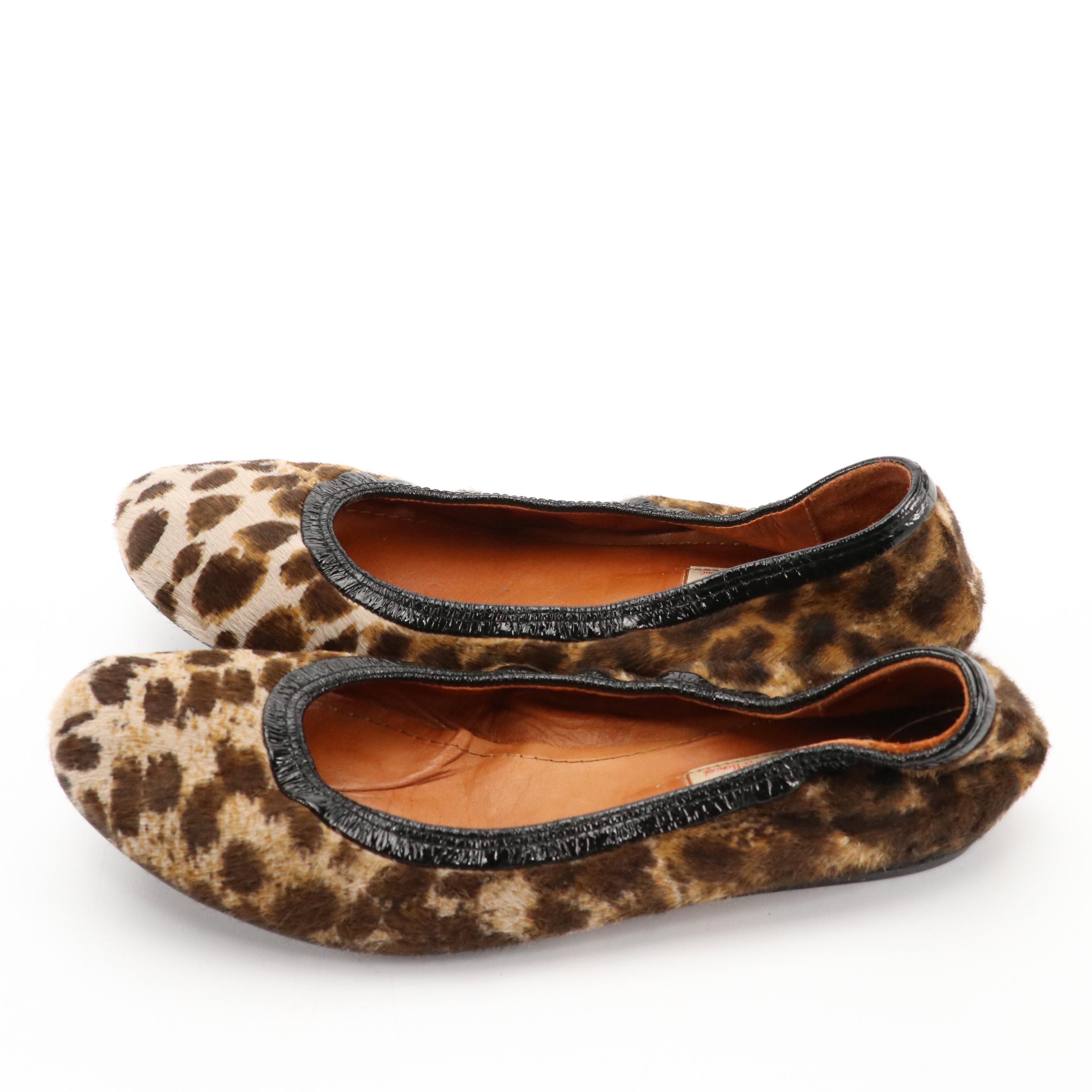 Lanvin of Paris Leopard Print Calf Hair and Black Patent Leather Ballet Flats