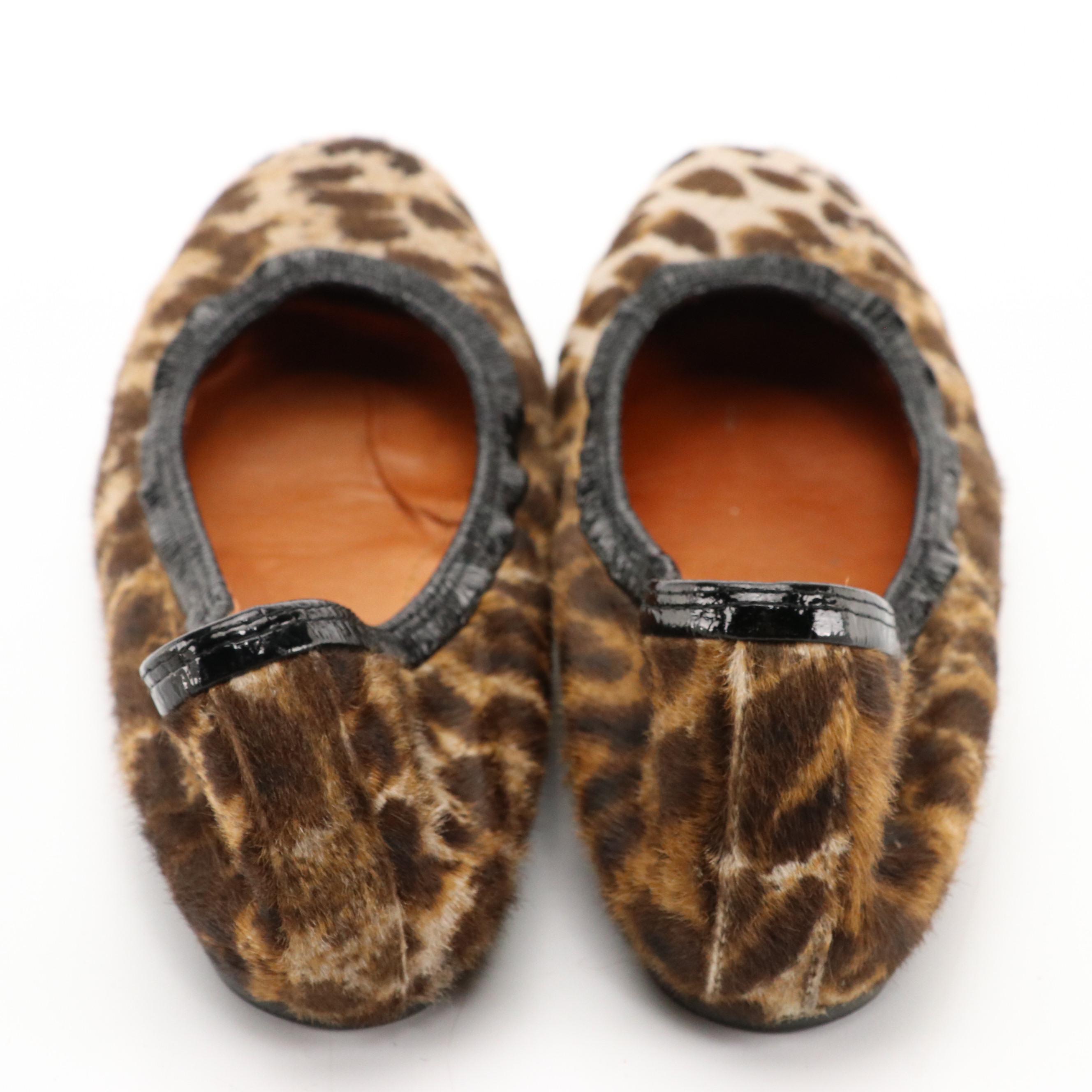 Lanvin of Paris Leopard Print Calf Hair and Black Patent Leather Ballet Flats