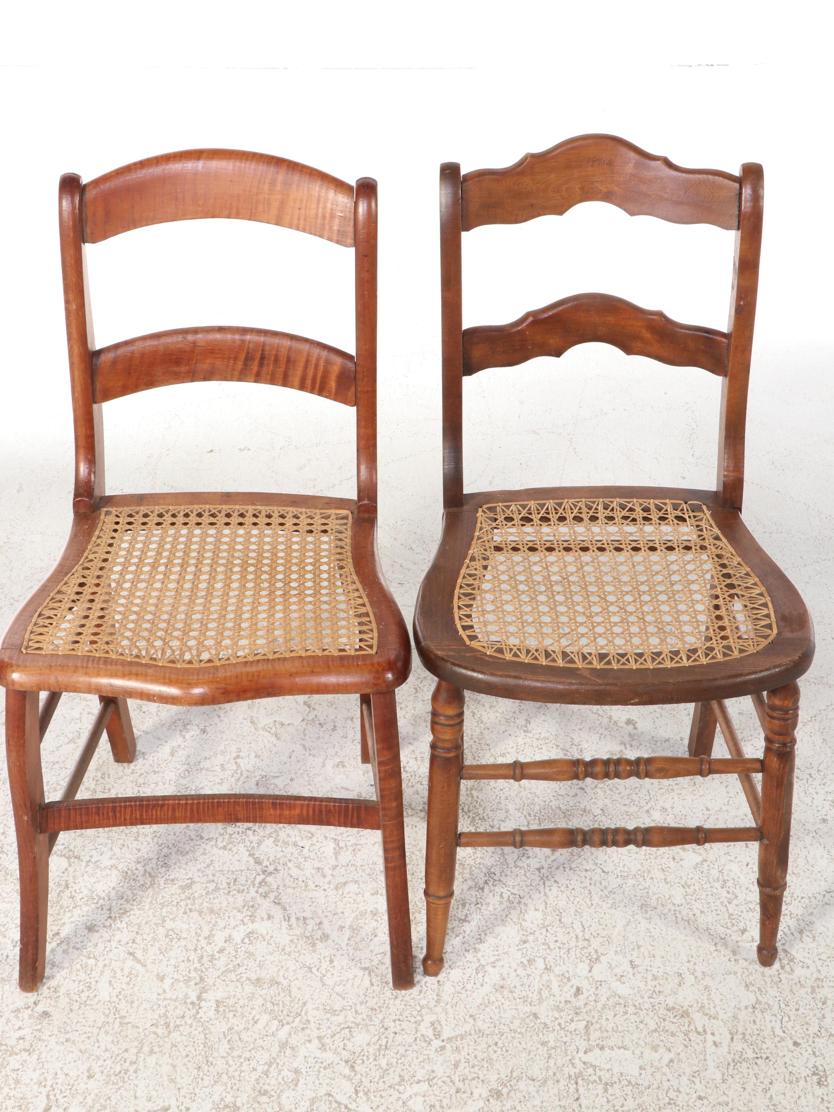 Victorian Tiger Maple and Other Ladder Back Cane Bottom Chairs, Antique
