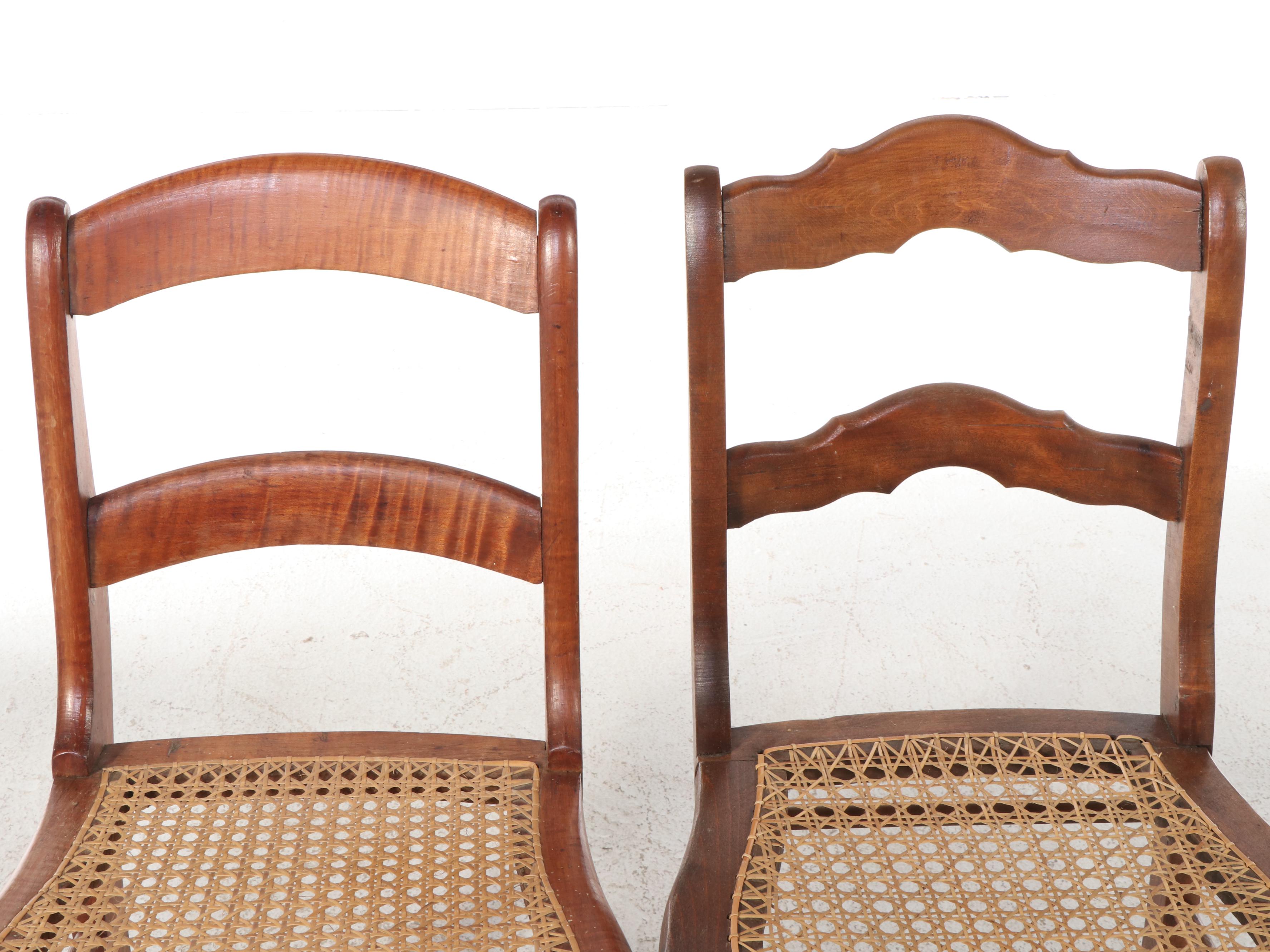 Victorian Tiger Maple and Other Ladder Back Cane Bottom Chairs, Antique