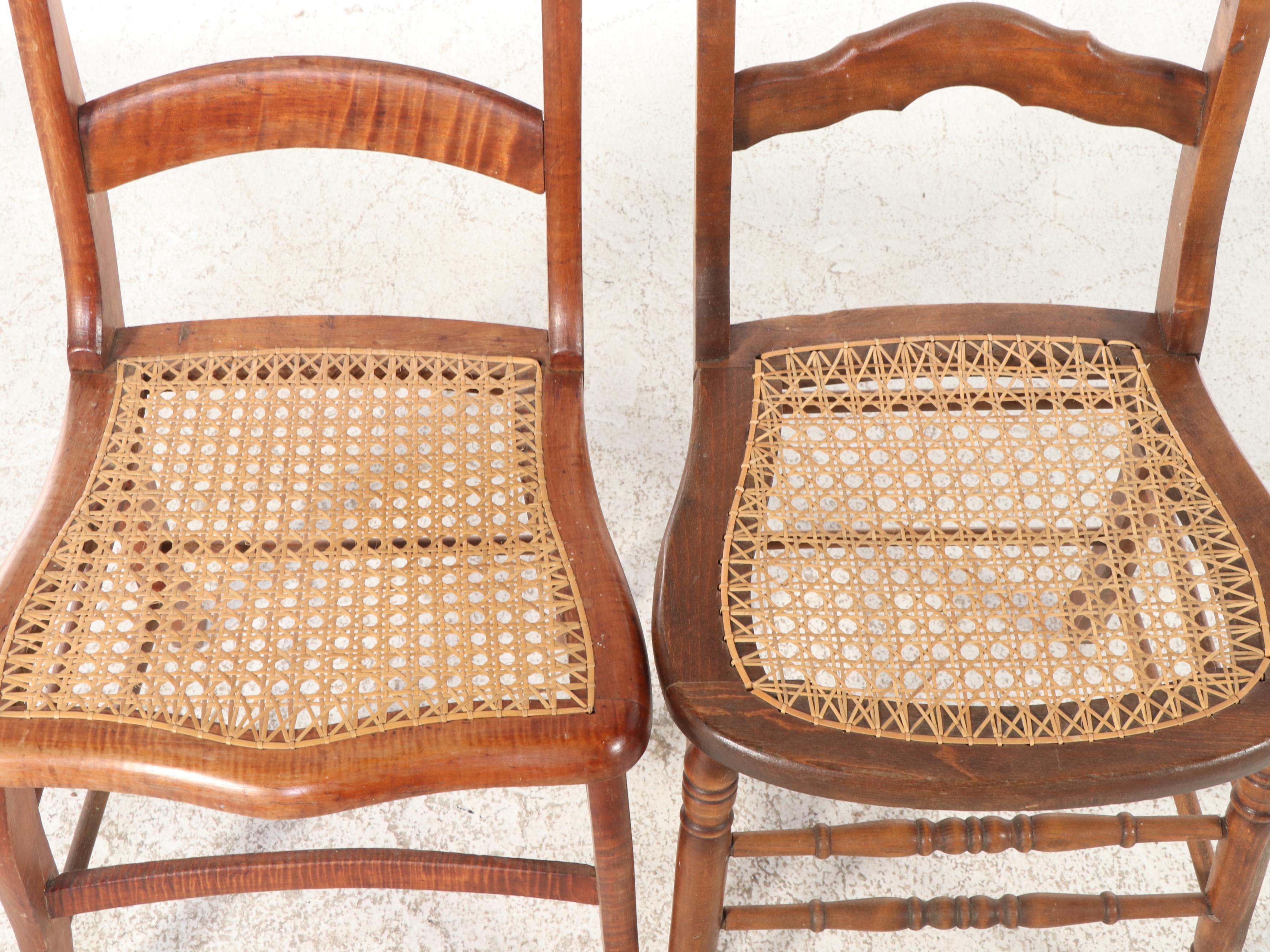 Victorian Tiger Maple and Other Ladder Back Cane Bottom Chairs, Antique